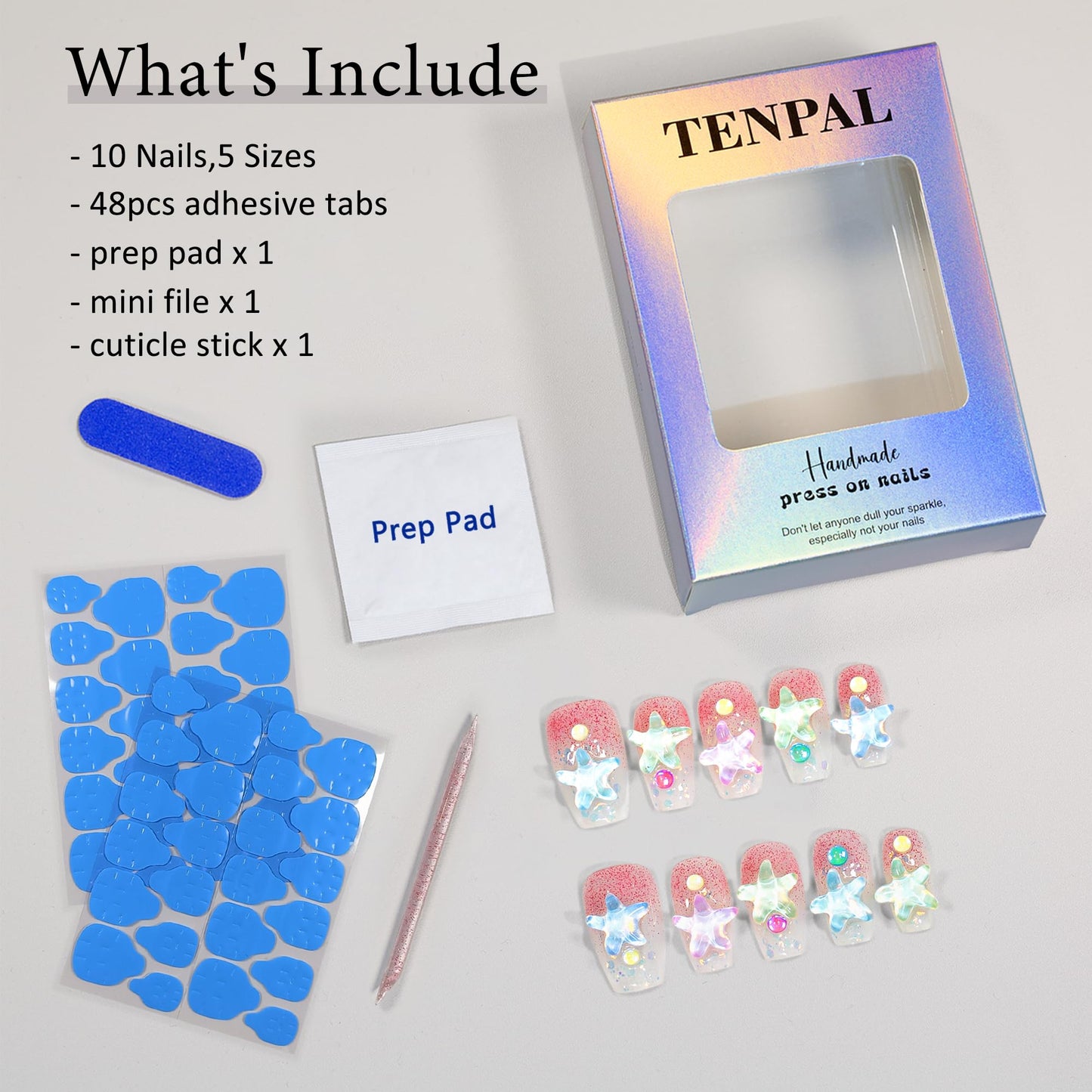 TENPAL 10PCS Summer Press on Nails with Tools Kit - Icy Ocean Blue Water Wave 3D Starfish Design Glue on Nails | Sparkling Glitter Coffin Fake Nails | Beach Theme Medium Long Cute Manicure Set(XS)