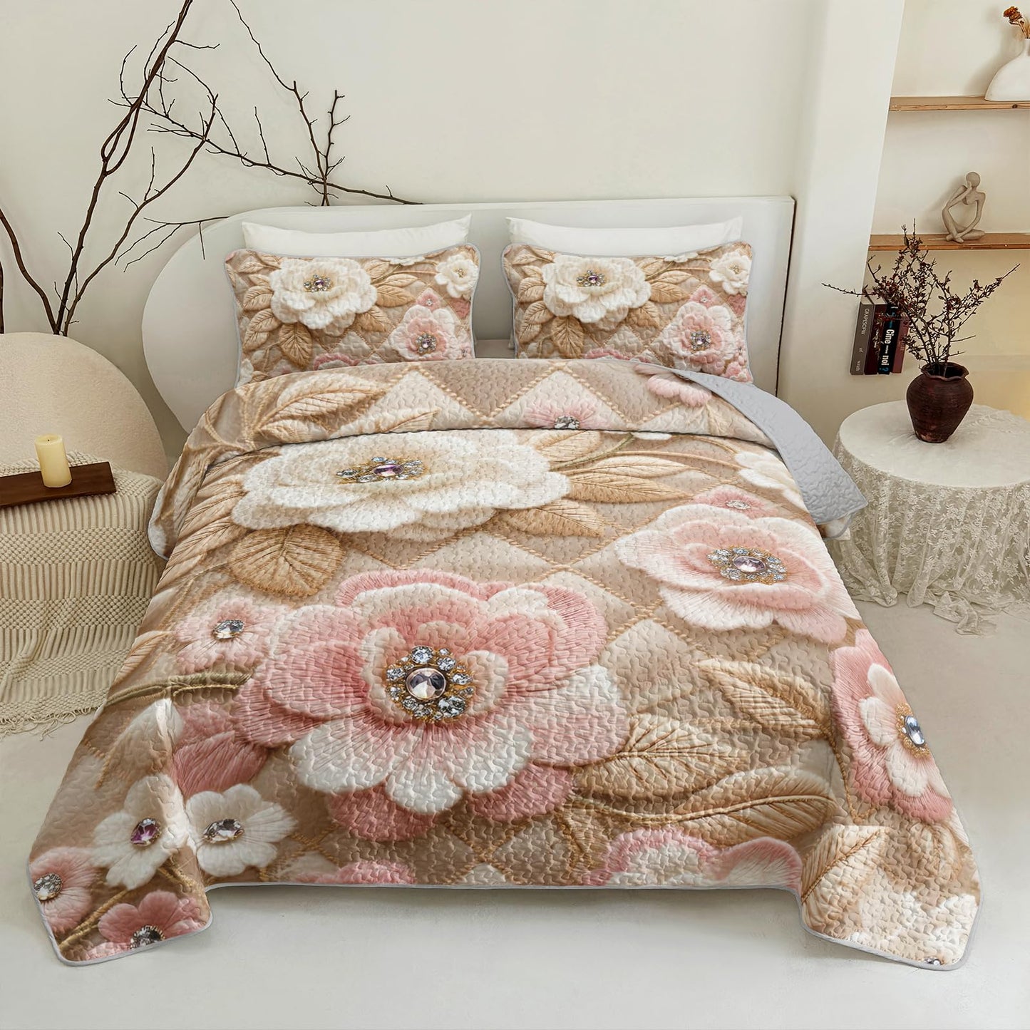 QOOMO Cartoon Flowers Quilt Set,3 Pieces Plant Printing Bedspreads Coverlet Set Twin Size,Soft Microfiber Lightweight Bedding Set with 1 Quilt 2 Pillowcases for All Season