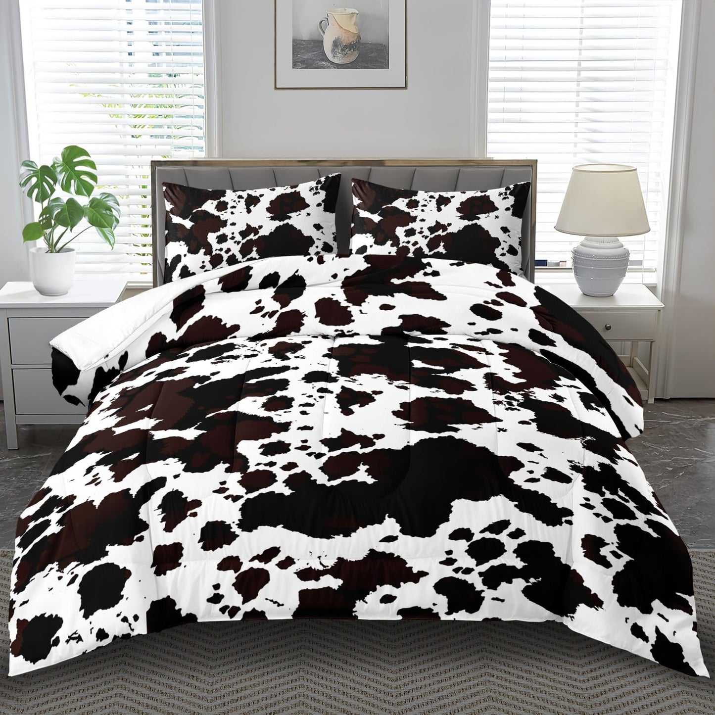 llyxsesty Western Comforter Set King Animal Cow Print Comforter Set King Boys Black and White Farmhouse Bedding Quilt Girls Cowboy Bedding Western Room Decor Cow Print Country Quilt