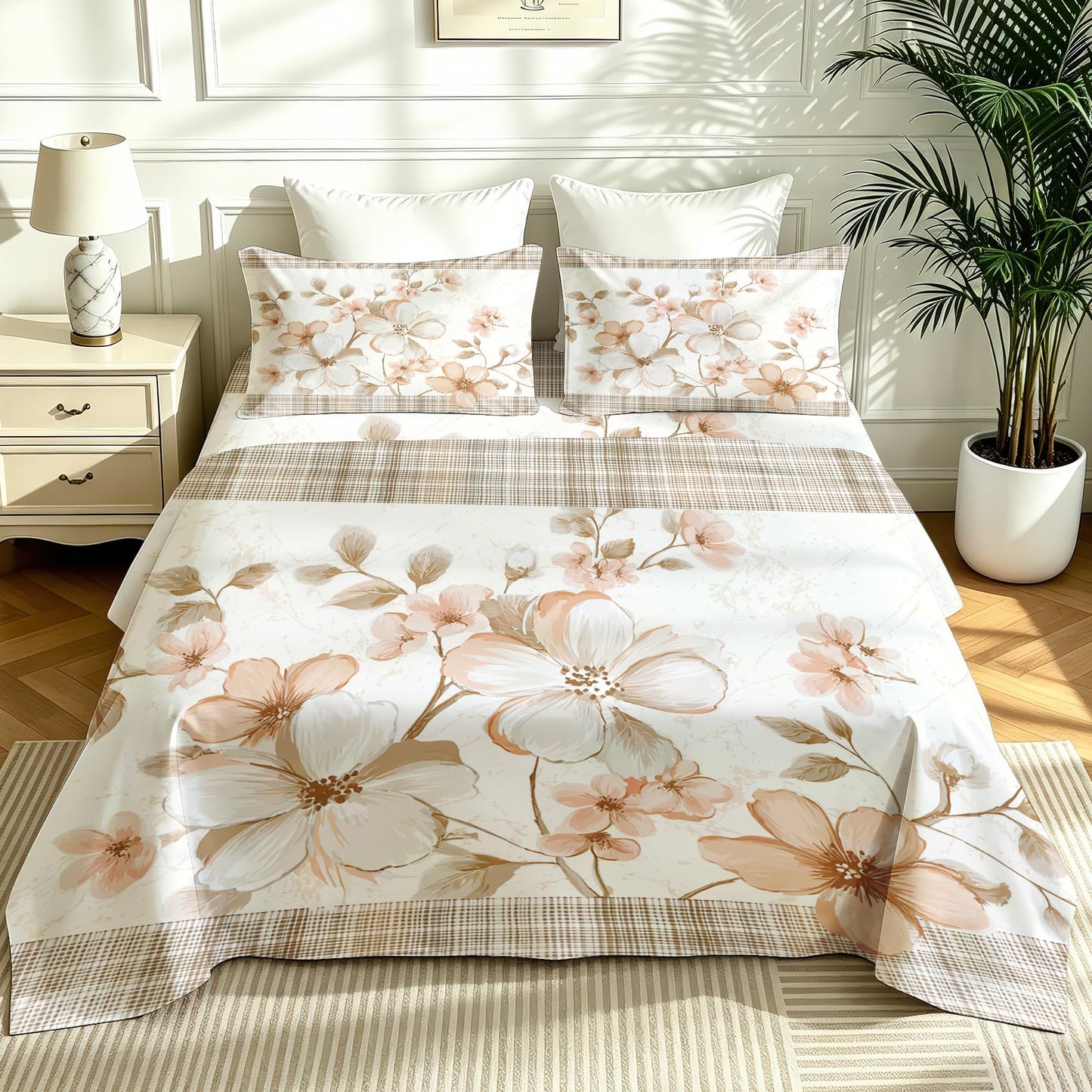 Plaid and Floral King Sheet Set Farmhouse Flat Fitted Sheet Sets