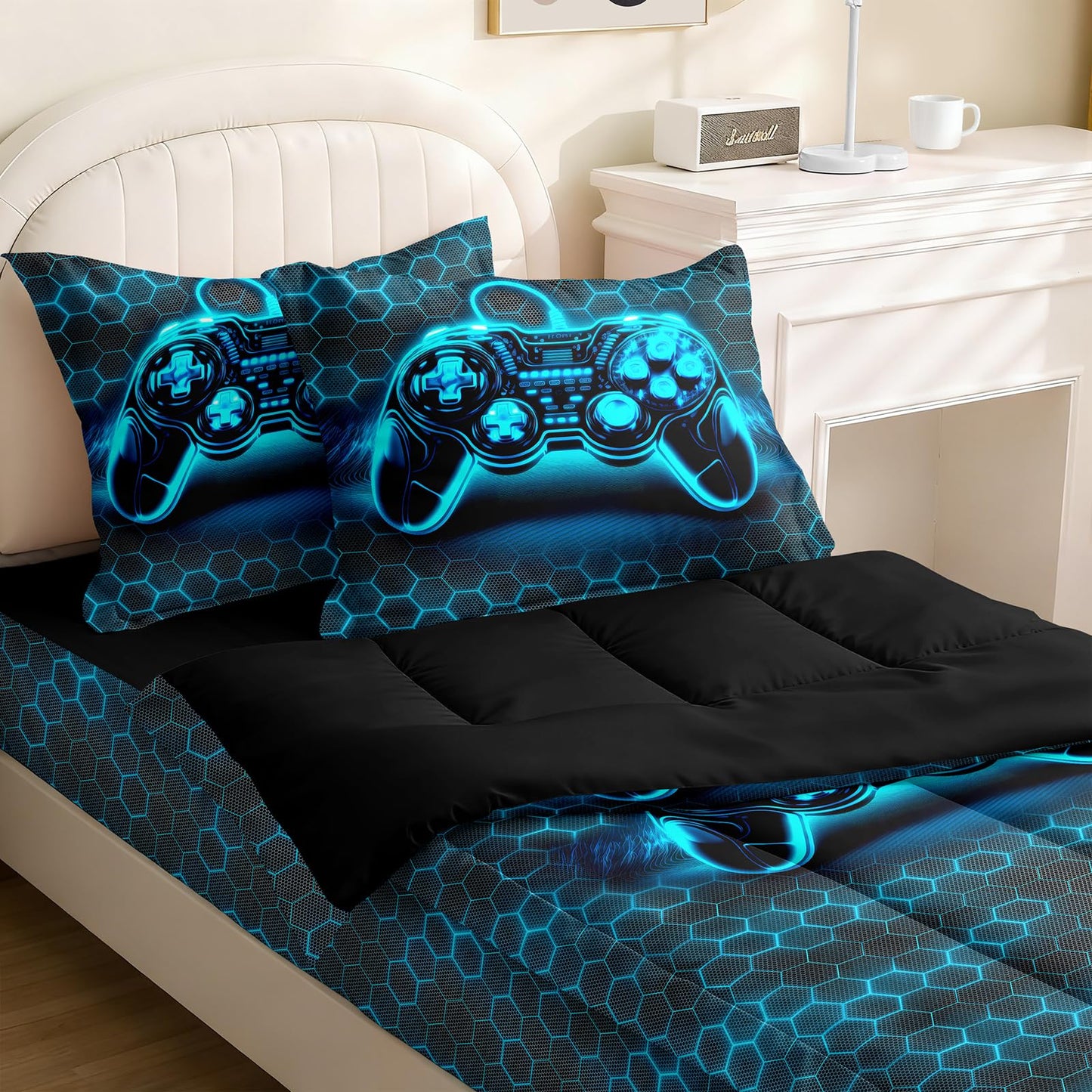 Yadangxiawa Kids Comforter Set,Zipper Bedding Twin for Teen,Gaming Printed Comforter Set with Fitted Sheets and Pillowcases for All Season(Honeycomb Gamepad Twin)