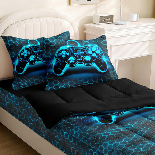Yadangxiawa Kids Comforter Set,Zipper Bedding Twin for Teen,Gaming Printed Comforter Set with Fitted Sheets and Pillowcases for All Season(Honeycomb Gamepad Twin)