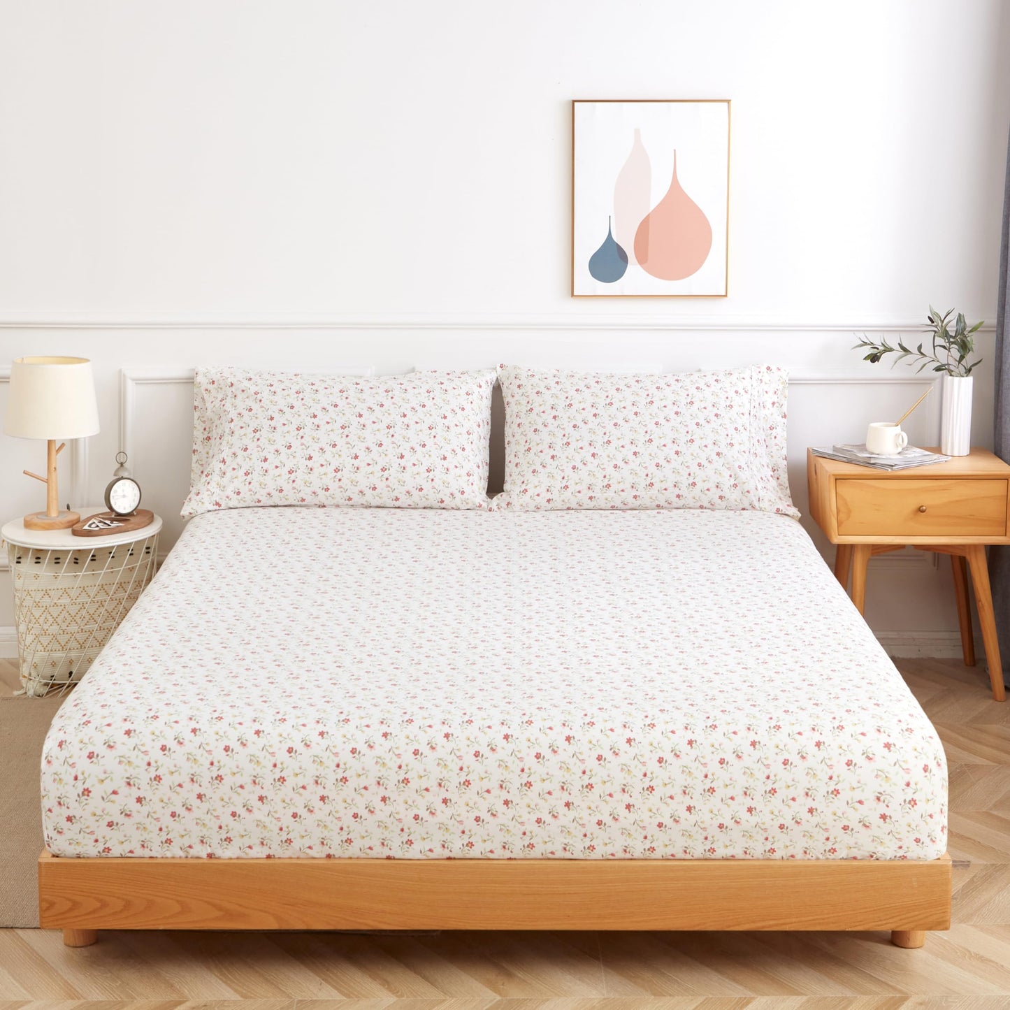 California King Bed Sheet Set 4PC Printed Red Cute Flower Sheet Pattern Cooling Brushed Microfiber Deep Pocket Floral Sheets Set Luxury, Soft, Breathable, Hypoallergenic, Wrinkle Free Double Bedding