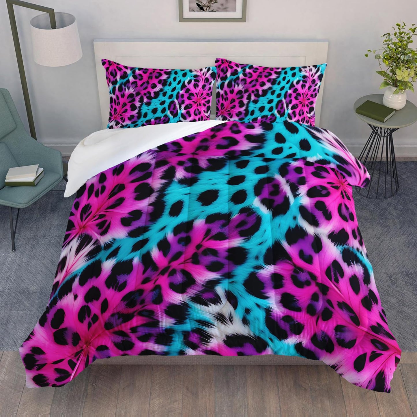 QOOMO 3Pcs Leopard Print Comforter Set Twin,Cheetah Bedding Set for Teens Boys Girls,Pink and Blue Printed Comforter with 2 Pillowcases,Down Alternative,Soft and Lightweight