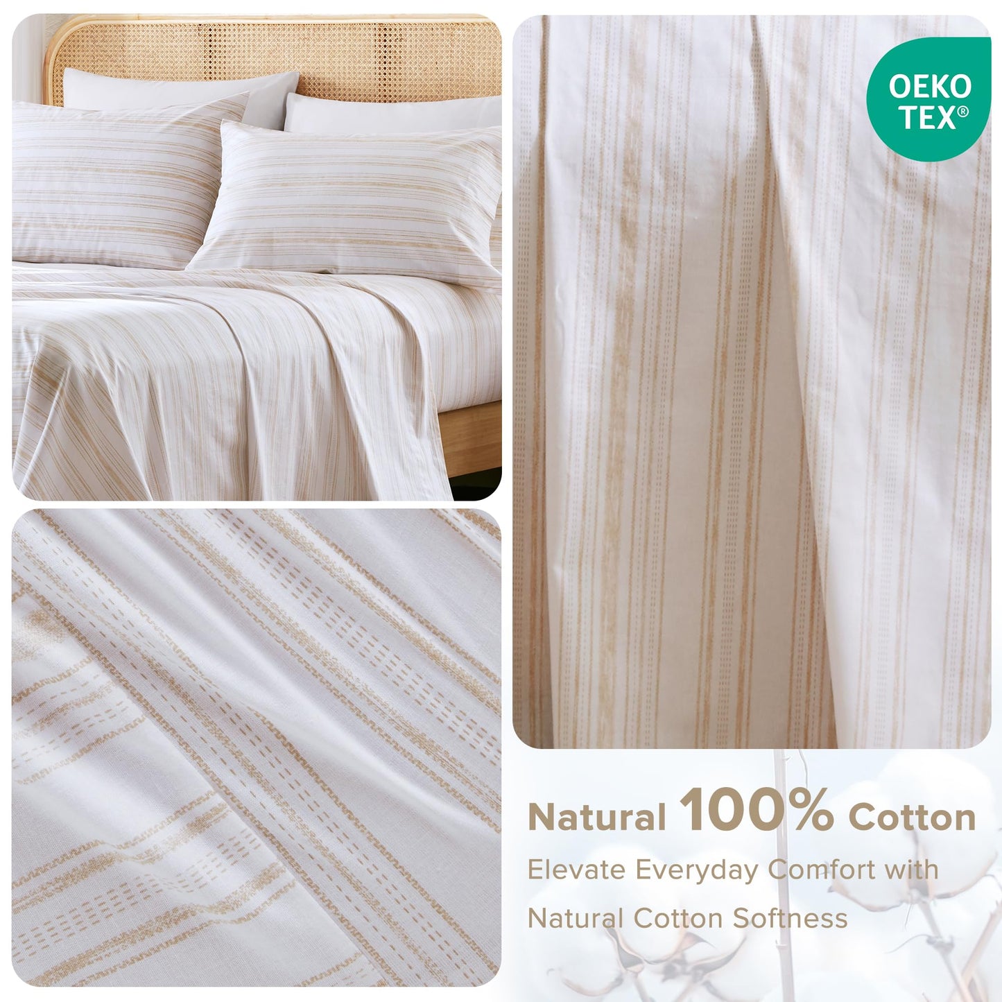 Comfort Spaces 100% Cotton Sheets Cal King, Breathable, Naturally Cool Cotton Sheets, Cotton Bed Sheets with 14" Elastic Pocket Fits up to 16" Mattress, All Seasons Sheet Set, Good Vibes Taupe 4 Piece