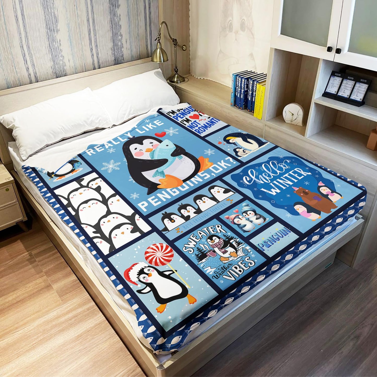 XSMEI Penguin Throw Blanket, Cute Animal Collage Design, Soft Cozy Fleece Blanket for Couch Bed, 60 x 80 Inches