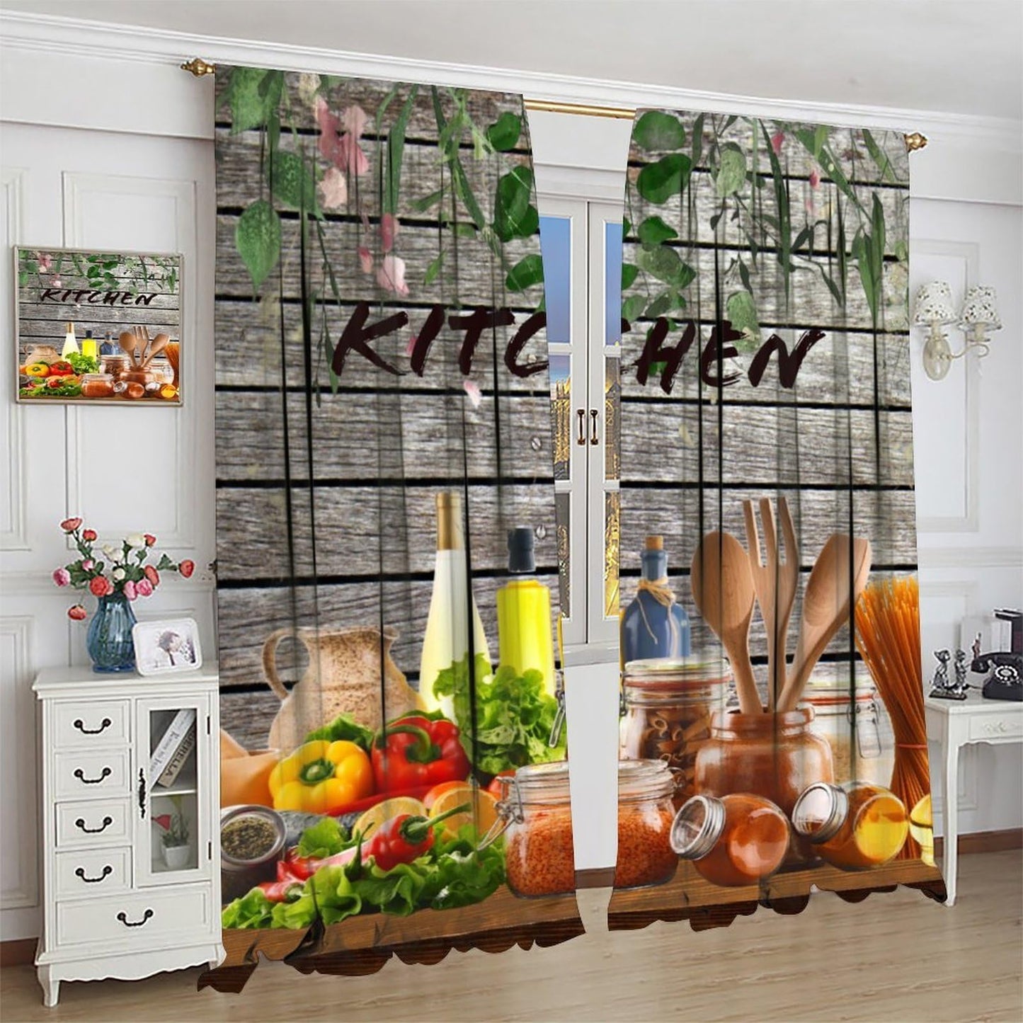 Farmhouse Kitchen Curtains Rustic Kitchenware Colourful Rustic Nature Botanical Chef Cutlery Spoon Cooking Rod Pocket Window Treatments for Living Room Bedroom 2 Panel Set 41" x 45" (No Blackout)