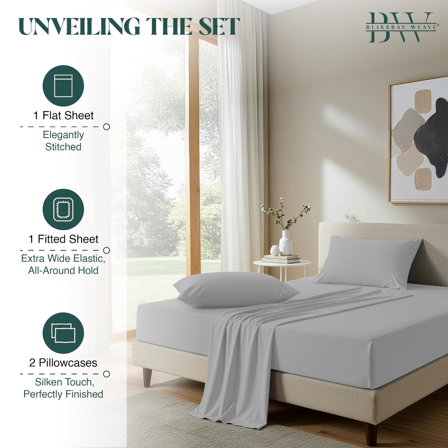 BlissBay Weave 100% Egyptian Cotton Sheet Set Queen Size 4 PCs Sateen Weave Cooling Soft Wrinkle Resistant 18 inches Deep Pocket | 1 Fitted Sheet, 1 Flat Sheet, 2 Pillowcases | Silver