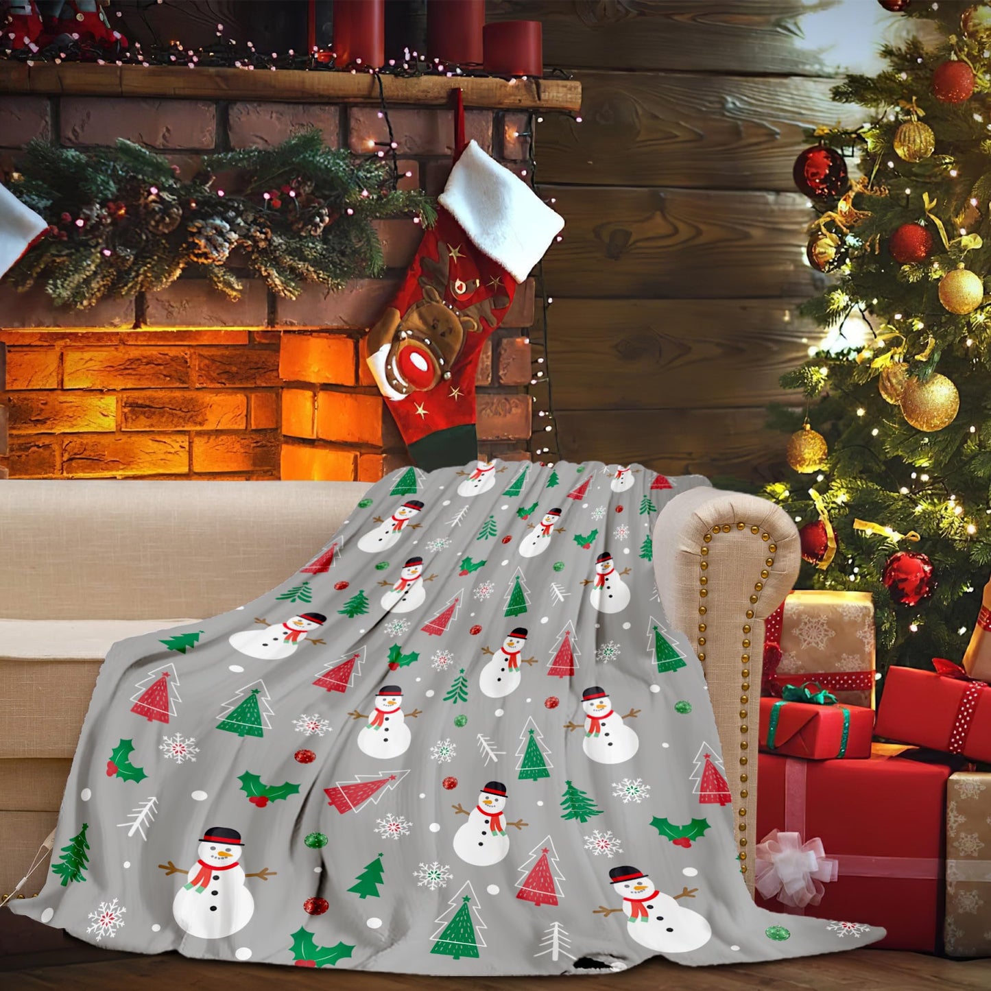 Christmas Snowman Throw Blanket Grey Christmas Fleece Blanket Soft, Plush, Warm Winter Cabin Throw, Christmas Throw for Sofa and Bed | Holiday Blankets and Throws 50X60 Inches