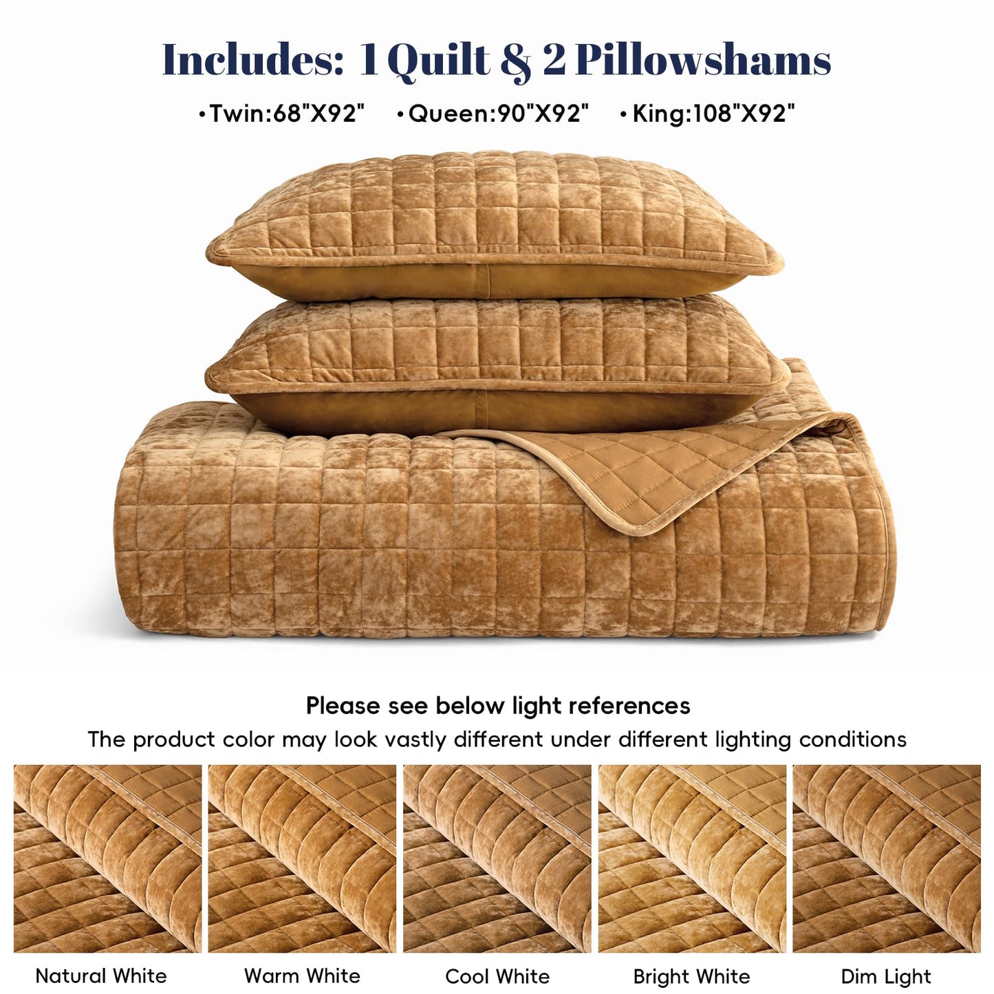 PHF Luxurious Velvet Quilt Set King Size – 3PCS Super Soft Quilted Comforter Alternative with Square-Box Quilt Pattern, Warm Quilted Bedspread Coverlet, 108" x 92", Rusty Burnt Orange