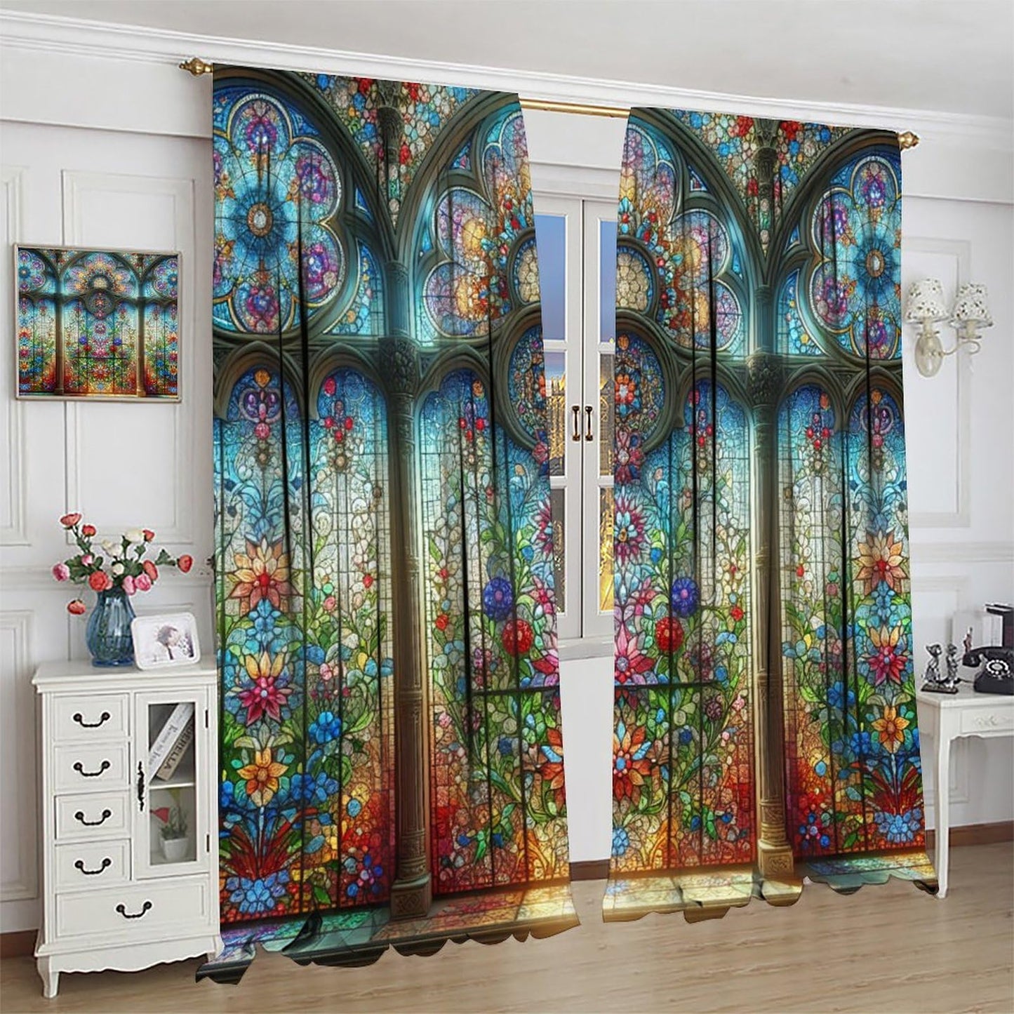 FengMingRui Stained Glass Curtains Vintage Abstract Geometry Floral Window Treatments for Boys Girls Bedroom Living Room Window Drapes 42" W X 45" L