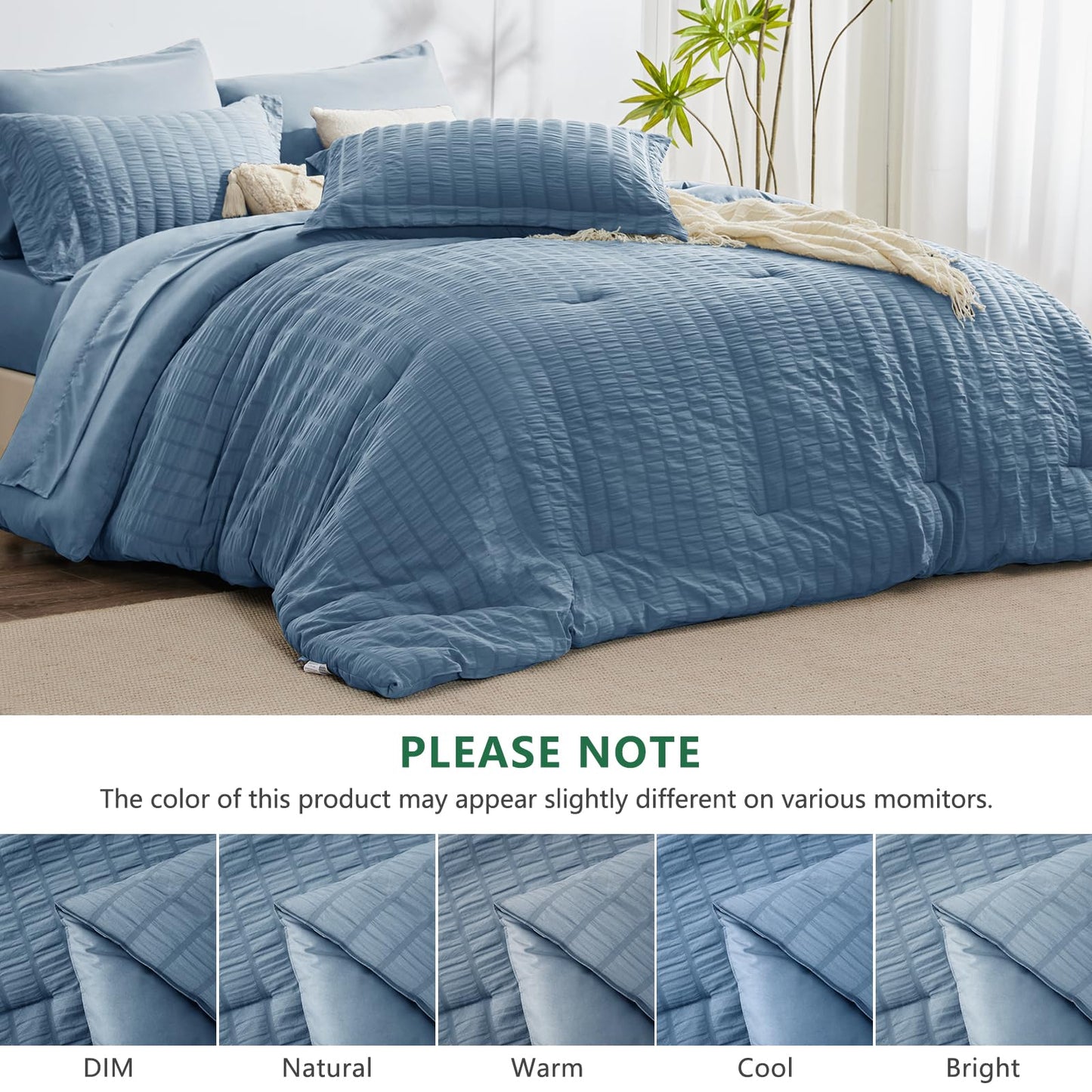 HIMEET Queen Comforter Set - 7 Pieces Seersucker Bed in a Bag, Boho Bedding Sets for Bedroom Decor, All Season Home Essential Bed Set with Comforter, Sheets, Pillowcases & Shams, Grayish Blue