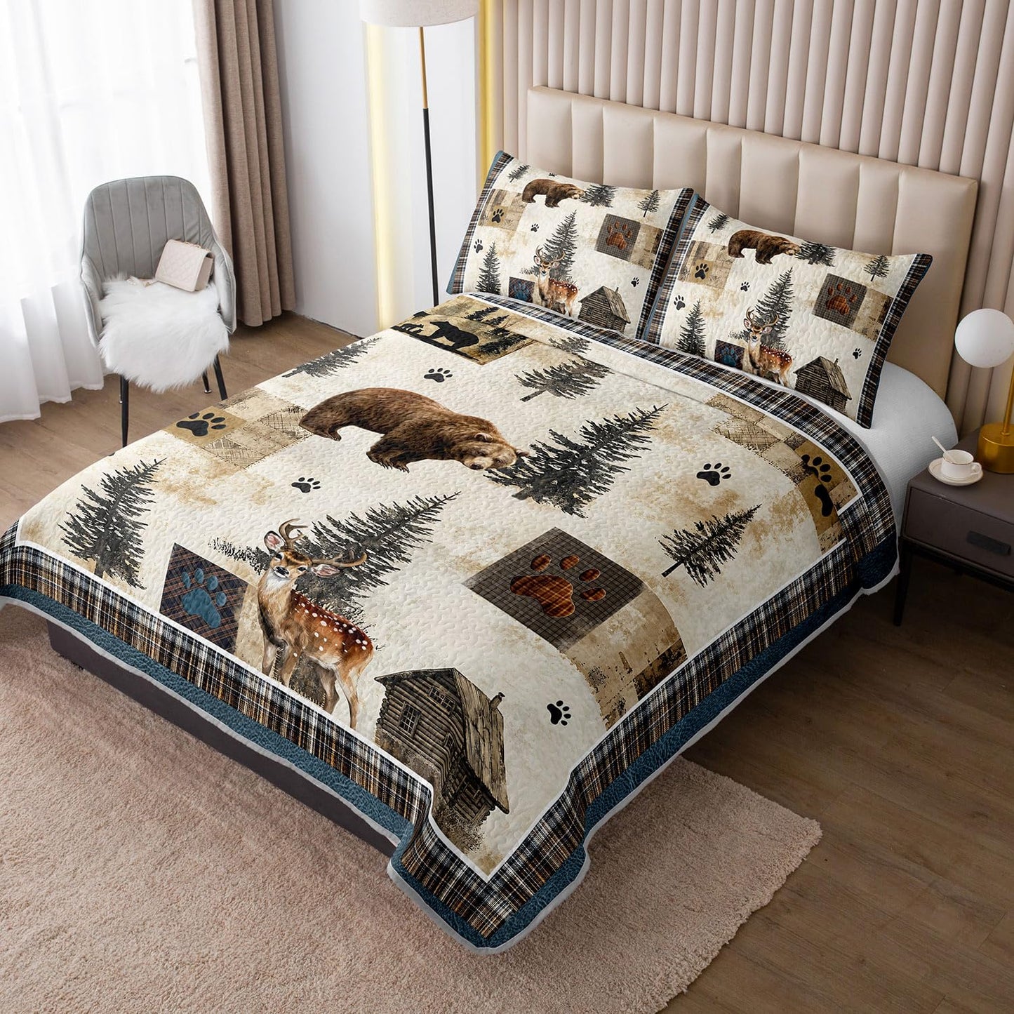 Tuzaovy Bear Deer Quilt Set Queen Size,Rustic Animal Bear Paw Printed Bed Cover Set for Boys Girls Room Decor,Rustic Farmhouse Quilt Bedding,Country Woodland Pine Tree Bedspread Bedroom Decor