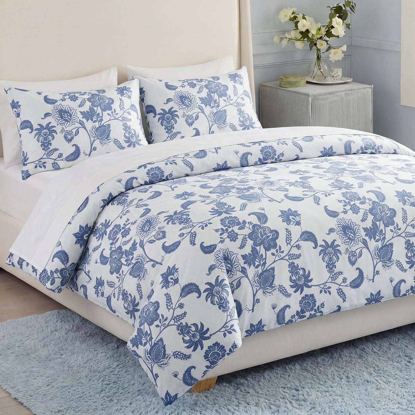 Bedorm 100% Cotton Duvet Cover Set Queen Floral Bedding Set Blue and White Paisley Flowers Print Boho Bedroom Decor Soft & Breathable Duvet Cover with Zipper Closure