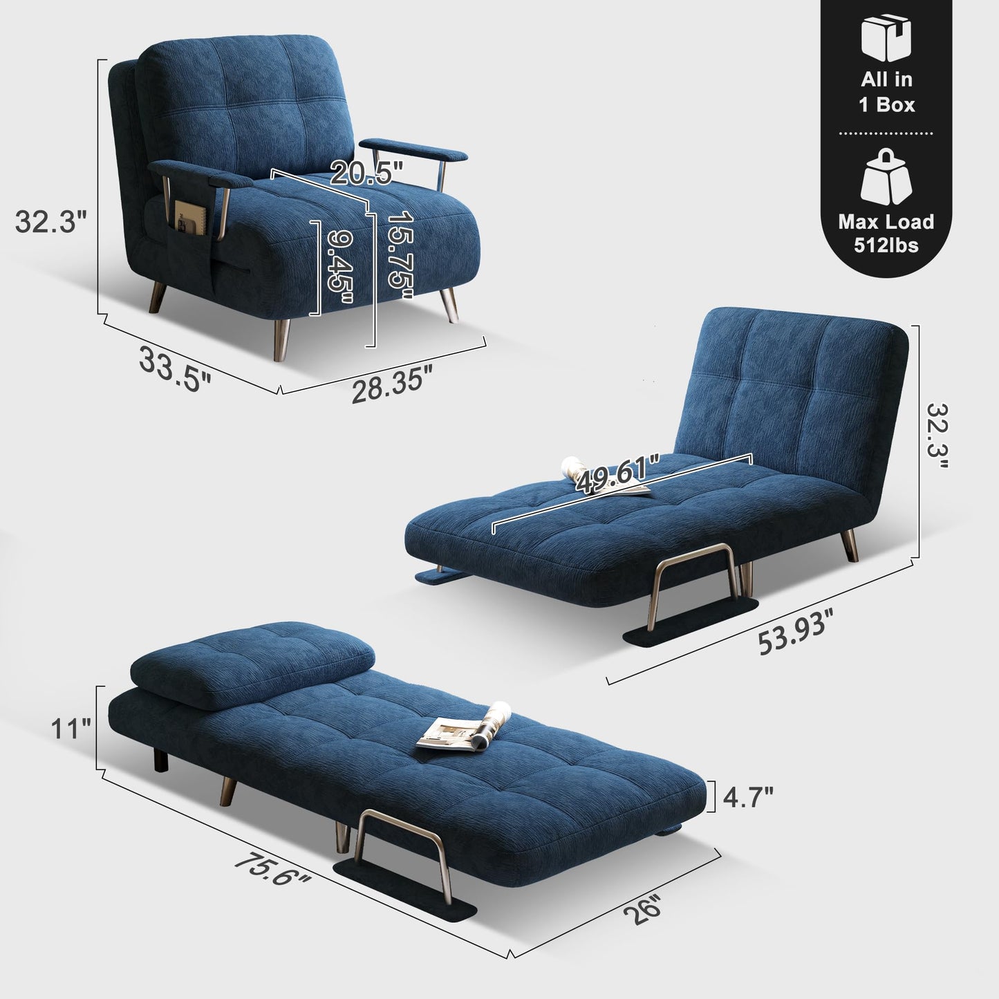 Vakdle 5-in-1 Chenille Convertible Sofa Bed with 5-Position Adjustable Backrest Sleeper Sofa Chair with Armrest Storage Pocket Mid-Century Style Sleeper Chair for Living Room