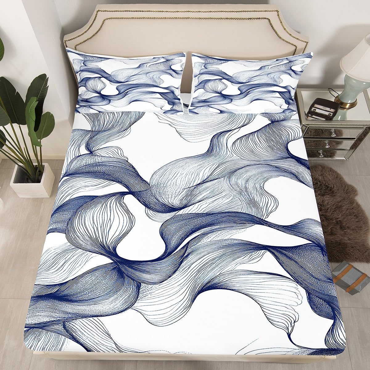 Feelyou Stripes Bed Sheets Set Modern Striped Art Sheet Set for Kids Boys Girls Teens Abstract Texture Printed Sheets with Deep Pocket Fitted Sheet Queen Size Luxury Texture Bedding Set 4Pcs