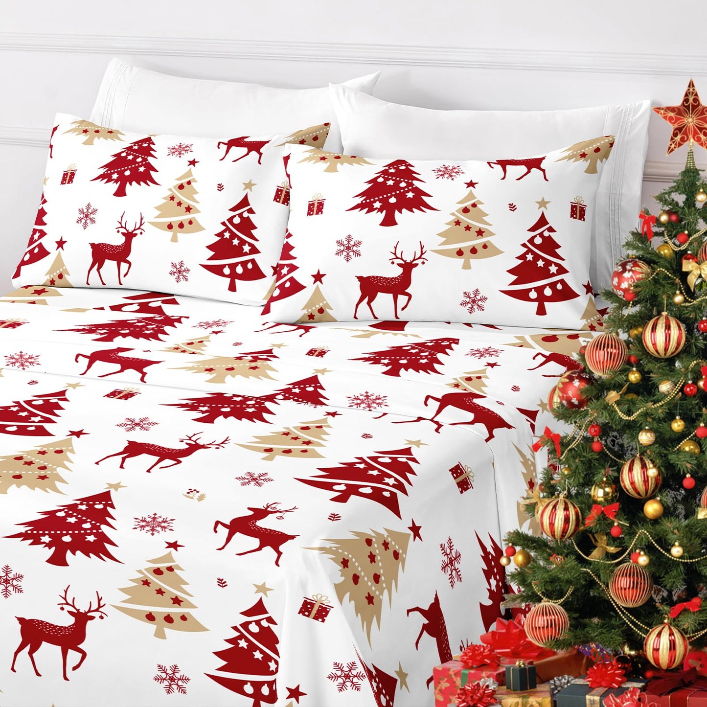 HCORA Christmas King Size Sheets Set, Luxury 1800TC Hotel Quality Double Brushed Microfiber Deep Pocket Bed Sheets, Ultra Soft, Breathable, 4PC, King