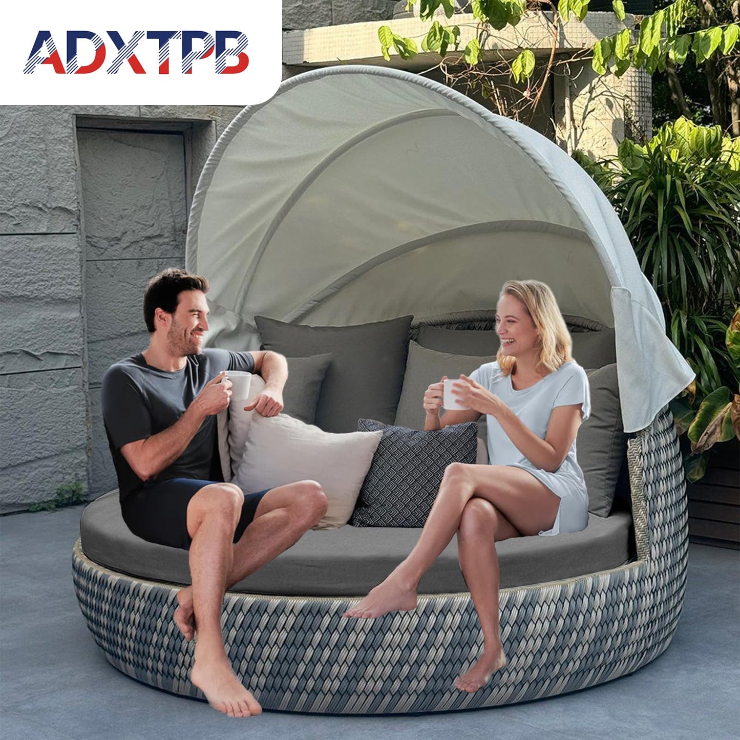 ADXTPB Outdoor Round Daybed Cushion Cover Waterproof,Patio Circle Day Bed Mattress Covers with Elastic Band,Sunbed Sun Island Cushions Replacement Slipcover,Cover ONLY(Dark Grey, 66 * 6in)