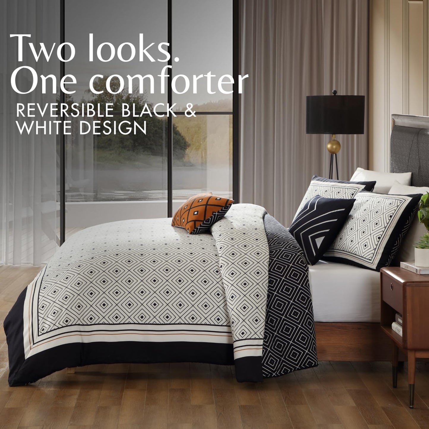 Bebejan Luxury King Size Comforter Set Black & White Geometric - 5 Piece Reversible Bedding Set, 100% Cotton Sateen, Soft & Smooth - All Season King Comforter Set (1 Comforter, 2 Shams & 2 Pillows)