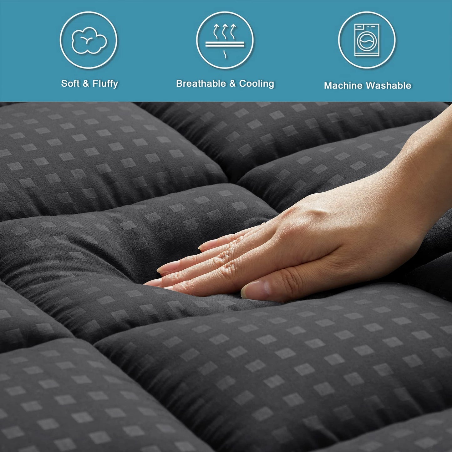 HYLEORY Twin Mattress Pad Quilted Fitted Mattress Protector Cooling Pillow Top Mattress Cover Breathable Fluffy Soft Mattress Topper with 8-21" Deep Pocket, Black