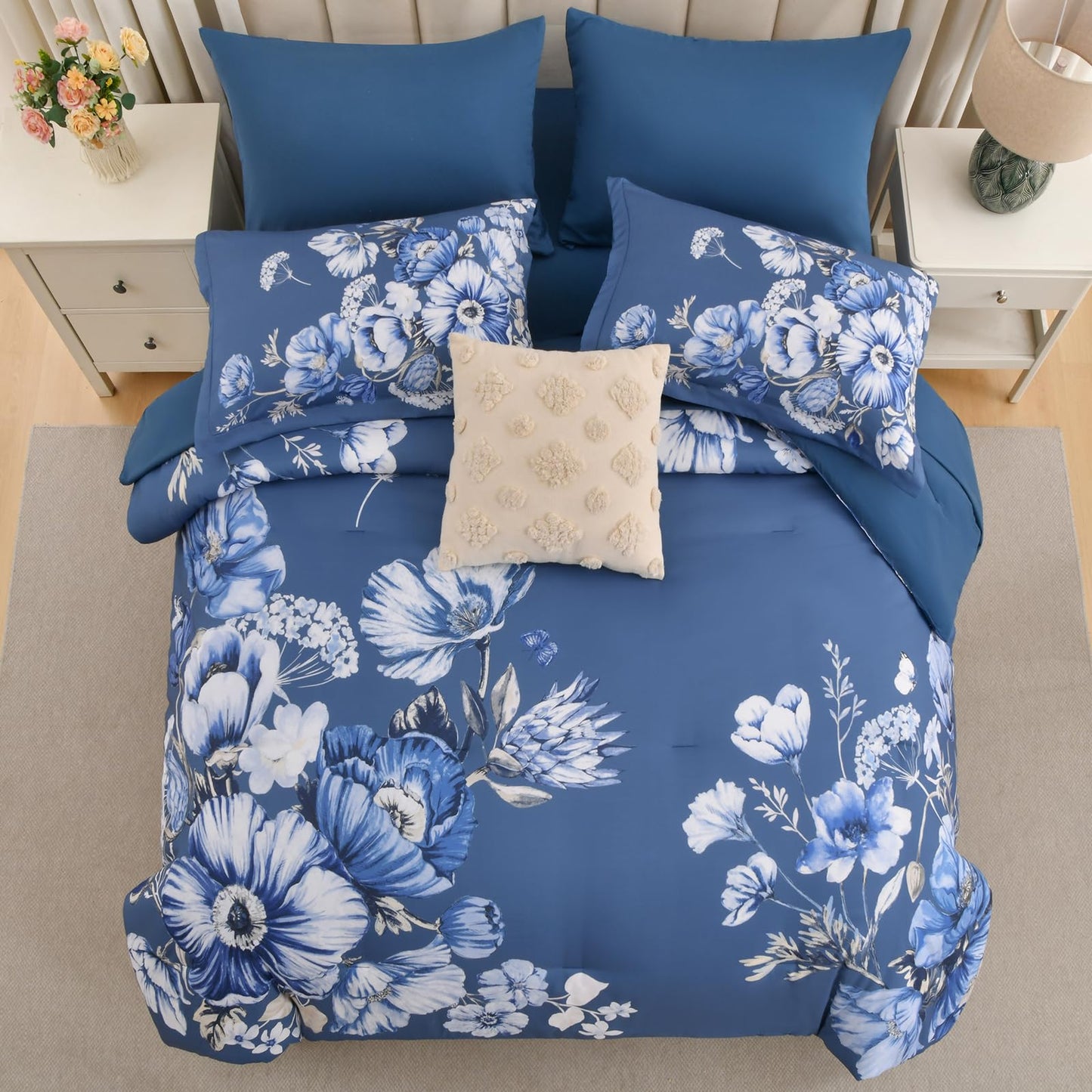 LLDSYW Queen Comforter Set - 7 Pieces Bed in a Bag Blue Floral Queen Comforter Set with Sheets, Soft Microfiber Flower Complete Bedding Set for All Seasons（Blue,90"x90"）