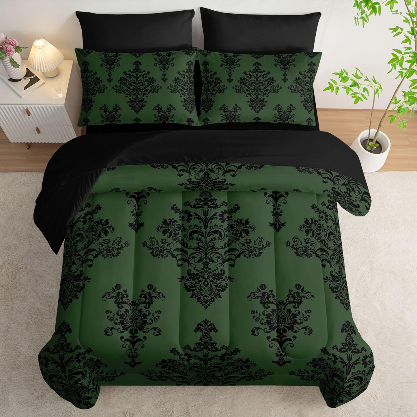 Smell Sunshine 7Pcs Comforter Set Black Retro Pattern Printed Bedding Set with 1 Comforter,1 Flat Sheet,1 Fitted Sheet and 4 Pillowcases for Men and Women Bedroom All Season(Twin)