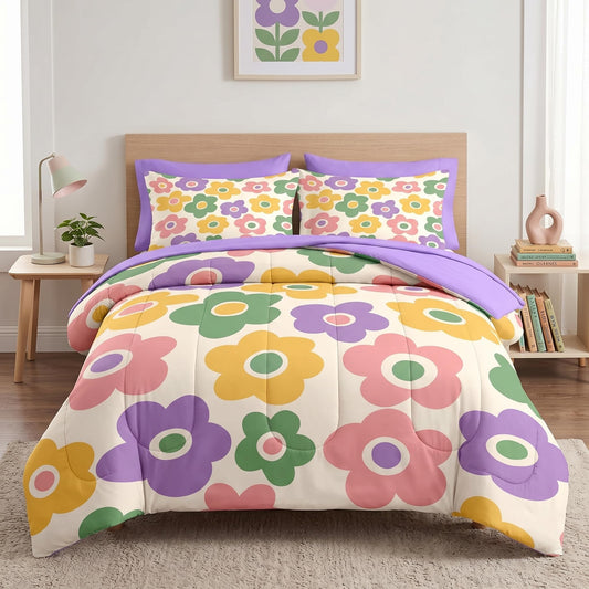 Pamnest Comforter Set Twin Size, Vintage Flower 70S 5 Pcs Bedding for Kids and Adults, Floral Retro Cute Bed Sheet Sets with Fitted Sheet Pillowcase & Sham for Bedroom Bed Decor