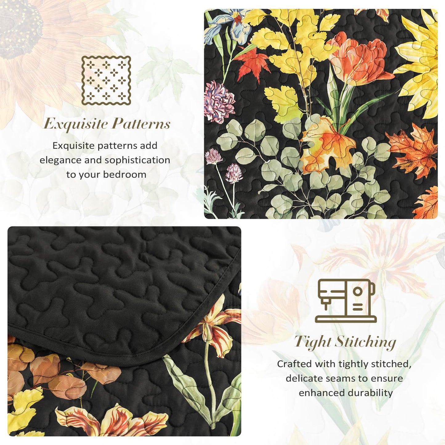Yiran Quilt King Size, Black Yellow Floral Bedspreads Bedding Set, 3 Pieces Spring Summer Soft Lightweight Microfiber Coverlet with 2 Pillow Shams for All Season 106x90 Inch