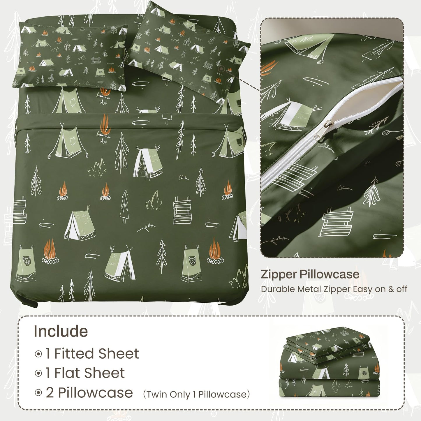 Camping Tent Twin Sheet Set Kids Flat Fitted Sheet Sets, Green