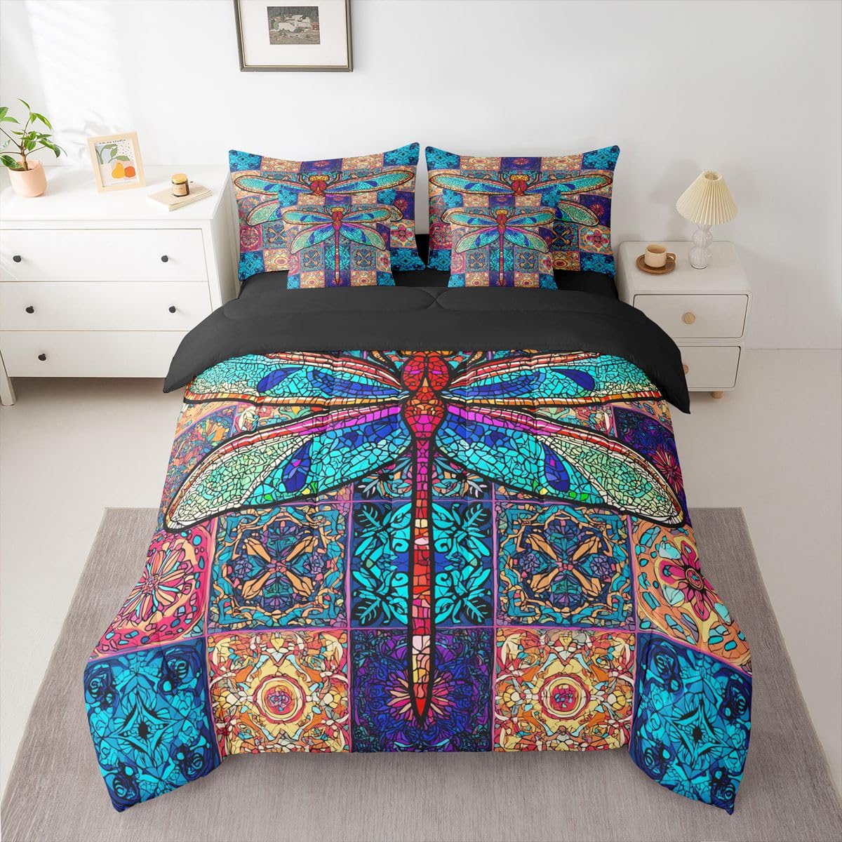 Erosebridal Dragonfly Bed in a Bag Queen Comforter Set 7 Piece | Rainbow Mandala Bedding Sets Exotic Bohemian Flower Comforter and Sheet Set, Colorful Medallion Nordic Damask Bed Sets
