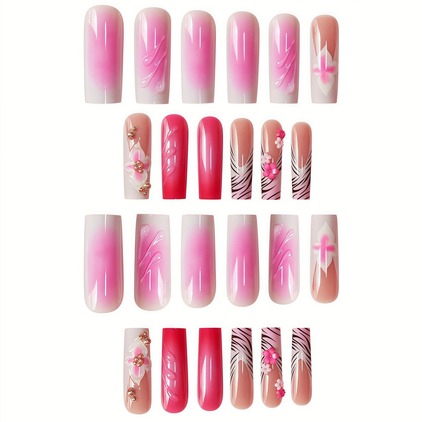 Long Press on Nails Square Fake Nails Pink French Artificial Nail with 3D Floral Designs Glitter Cute Stick on Nail for Women 24pcs