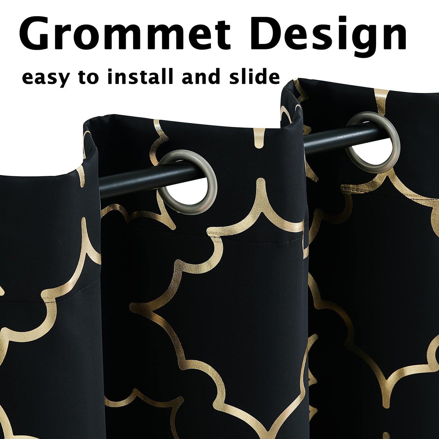 Purainbow Black Blackout Curtains for Bedroom Living Room with Gold Foil Print Panels Room Darkening Energy Saving Grommet 95% Blackout Drapes for Patio Hall Studio, 2 Panels, 52" Wx63 L