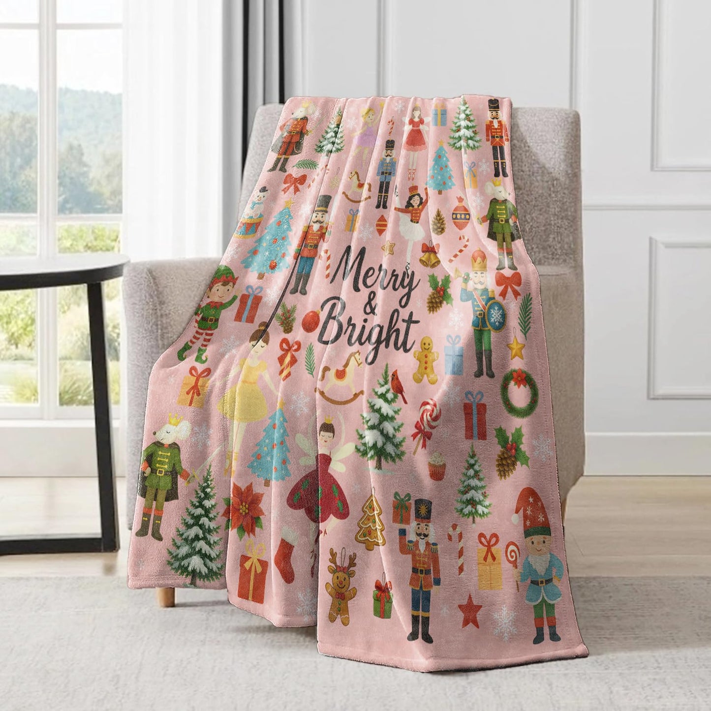 ainori Nutcracker Christmas Decorative Throw Blanket,Ballet Fairy Mouse King Tree Print Decoration,Flannel Winter Pink Blankets for Couch Bed Sofa,Holiday Home Decor,Xmas Festival Gifts 50x60 Inch