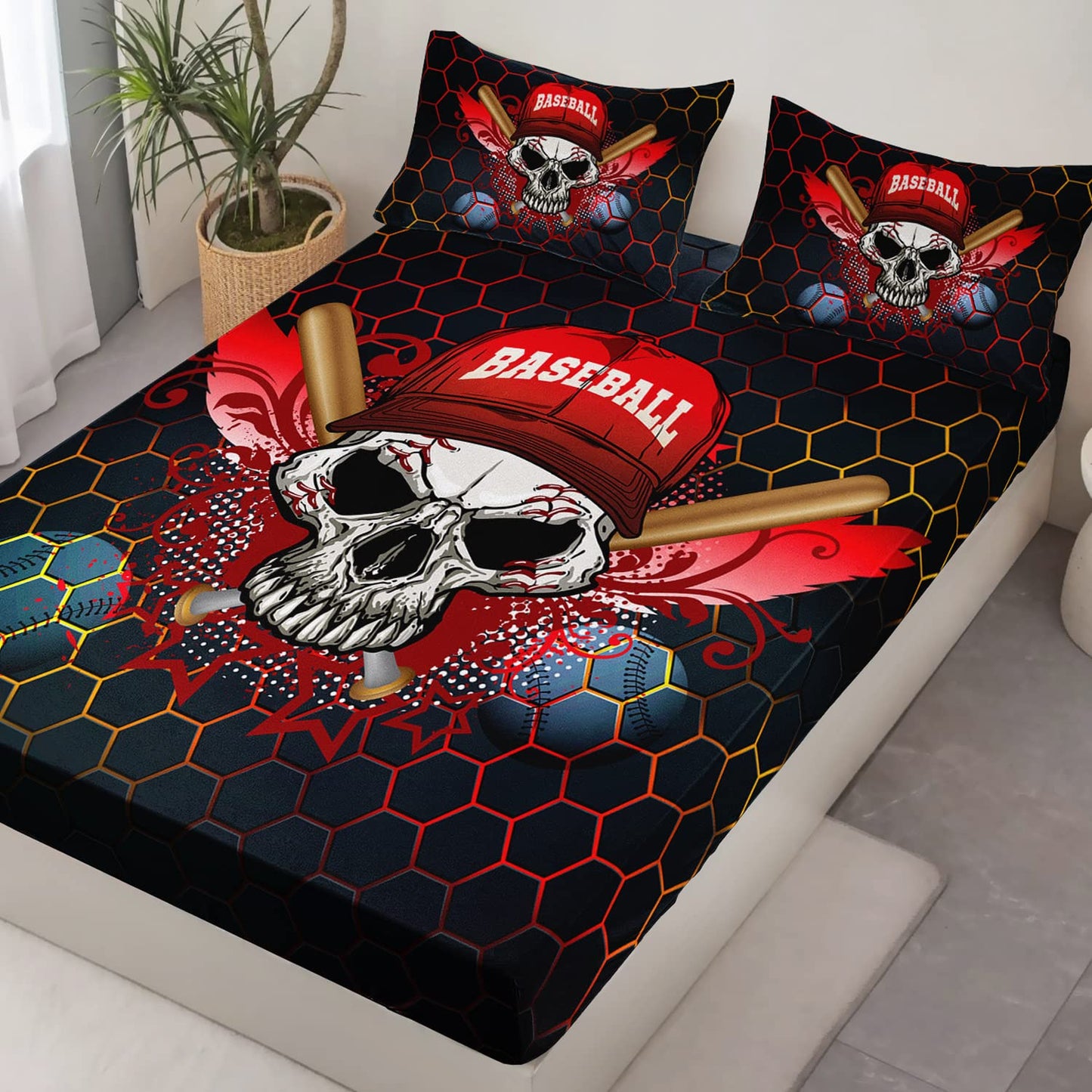 HOSIMA Black Baseball Bedding Set,Boys Sports Cool 3D Print Designs Gothic Skull Fitted Sheet, Sports Bedspread Bedroom Collection 3Pcs with 2 Pillowcases,Cool Baseball Twin Sheets for Girls Boys.