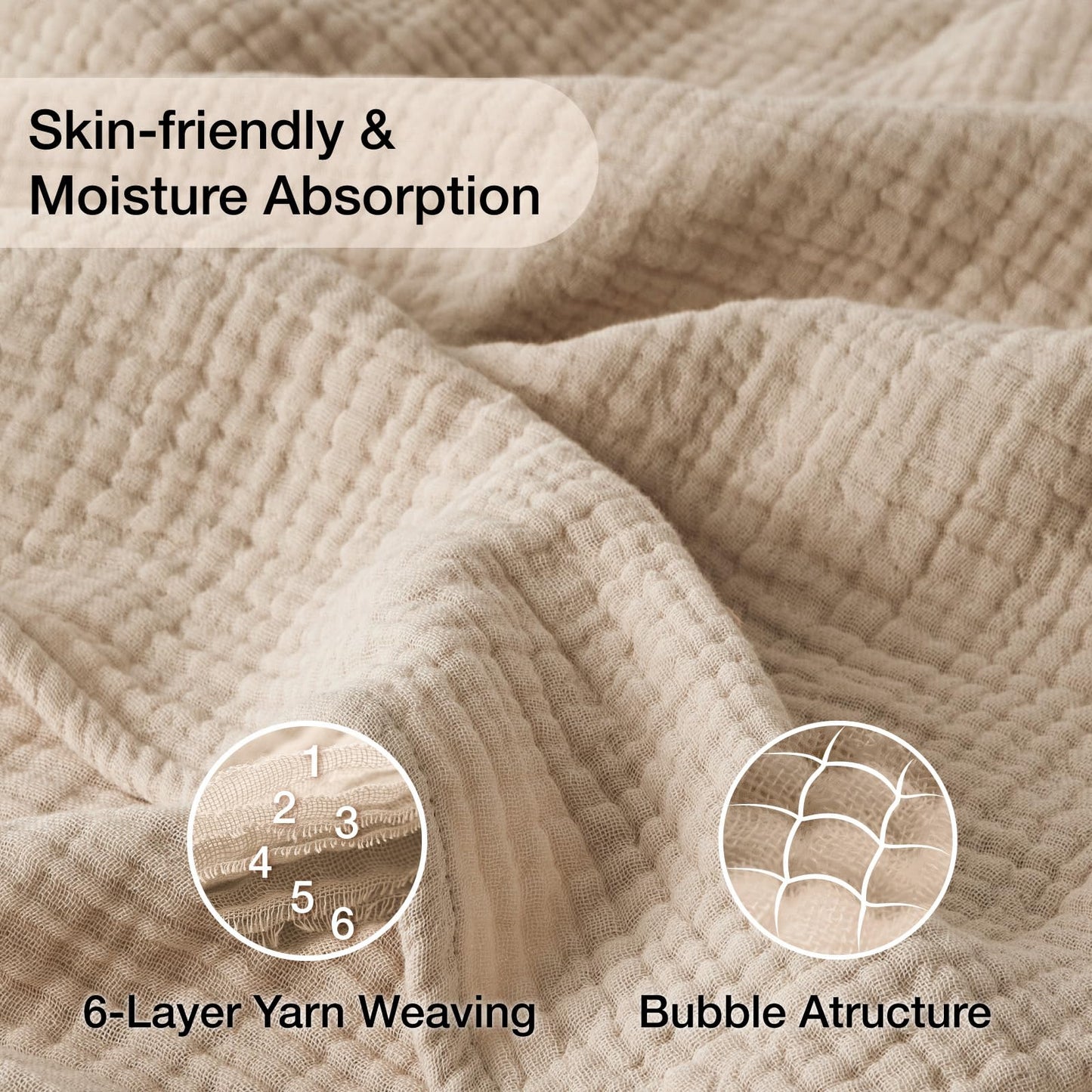 6 Layers Cotton Muslin Blankets Large, Lightweight Cotton Throw, Cooling Soft Throw Blanket for Year-Round Comfort, Breathable Quilt Bedspread, Gauze Weave Bedding for Adults, Oatmeal, Beige Linen