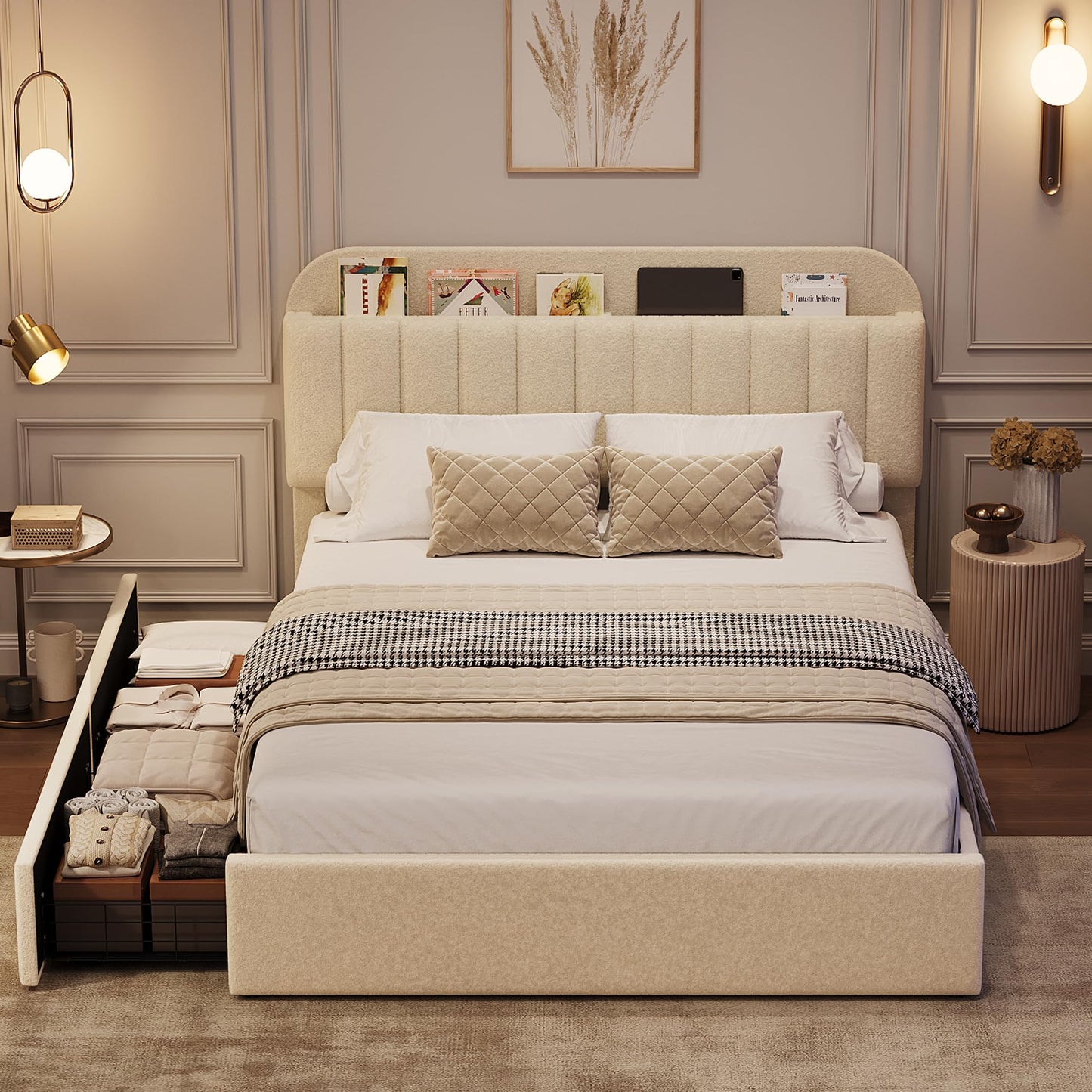 GarveeHome Full Bed Frame with Storage Headboard, Kids Bed Frame with 2 Drawers, Boucle Upholstered Platform Bed with Bookcase, No Box Spring Needed, Easy Assembly, Ivory White