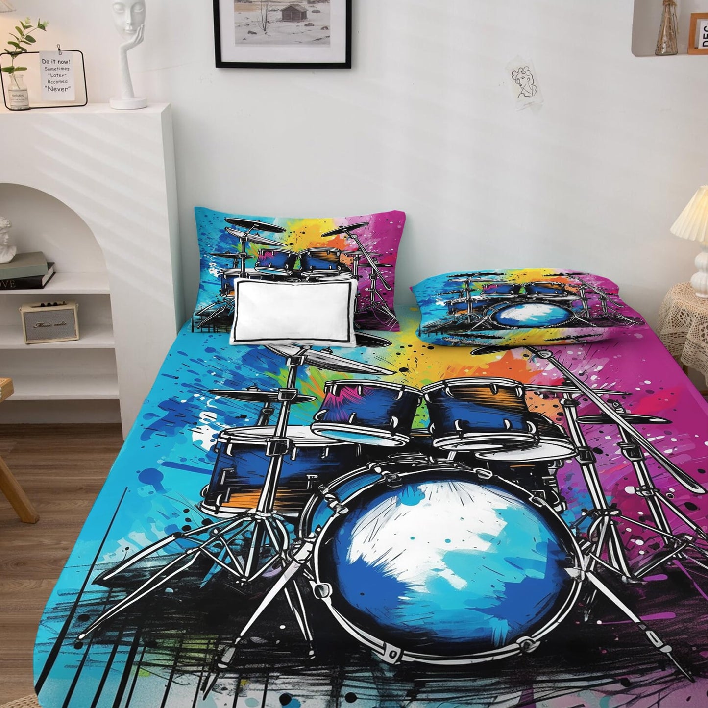 Drum Kit Sheets King Size - Colorful Graffiti Bed Sheets, Soft Microfiber & Deep Pocket & Wrinkle Free Patterned Bedding Sheets & Pillowcases, 4 Piece ( 1 Fitted Sheet, 1 Flat Sheet, 2 Pillow Cases )