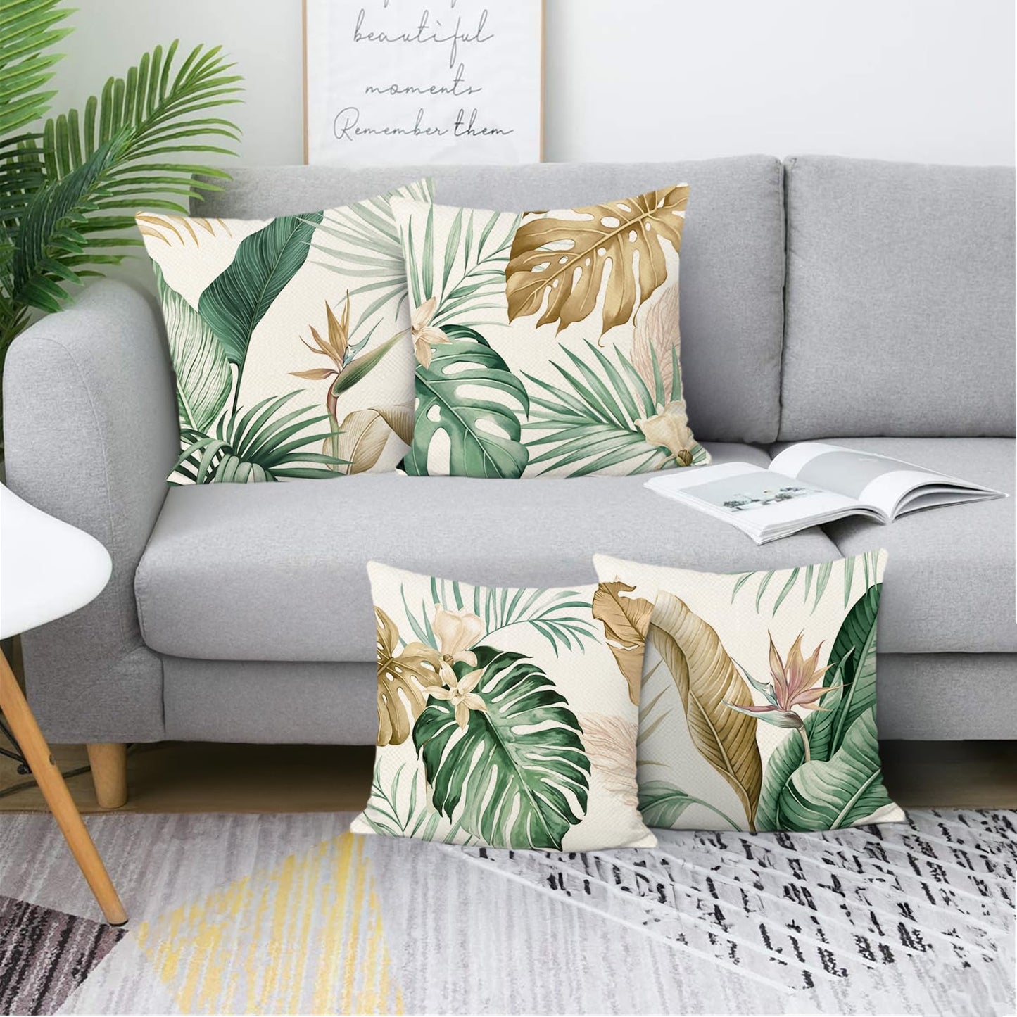 Bonhause Tropical Leaves Throw Pillow Covers 18 x 18 Inch Green Brown Leaf Decorative Pillow Cases Polyester Linen Outdoor Cushion Covers for Sofa Bed Home Decor Set of 4