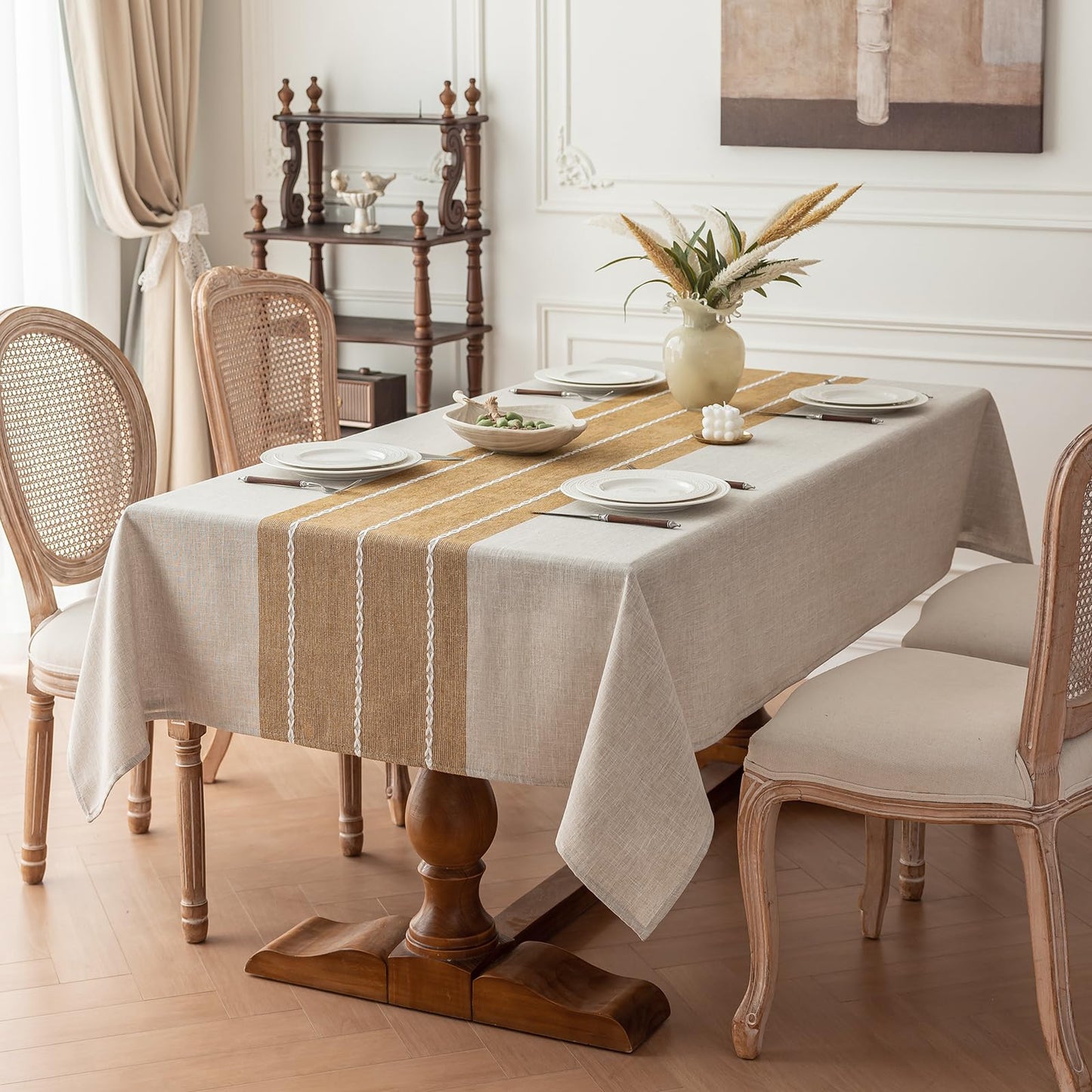 Joyfol Day Rustic Waterproof Cotton Blend Tablecloth, Heavy Weight Embroidery Table Cover for Rectangle Tables, Burlap Farmhouse Style with Coffee Line Pattern, 55" x 120"