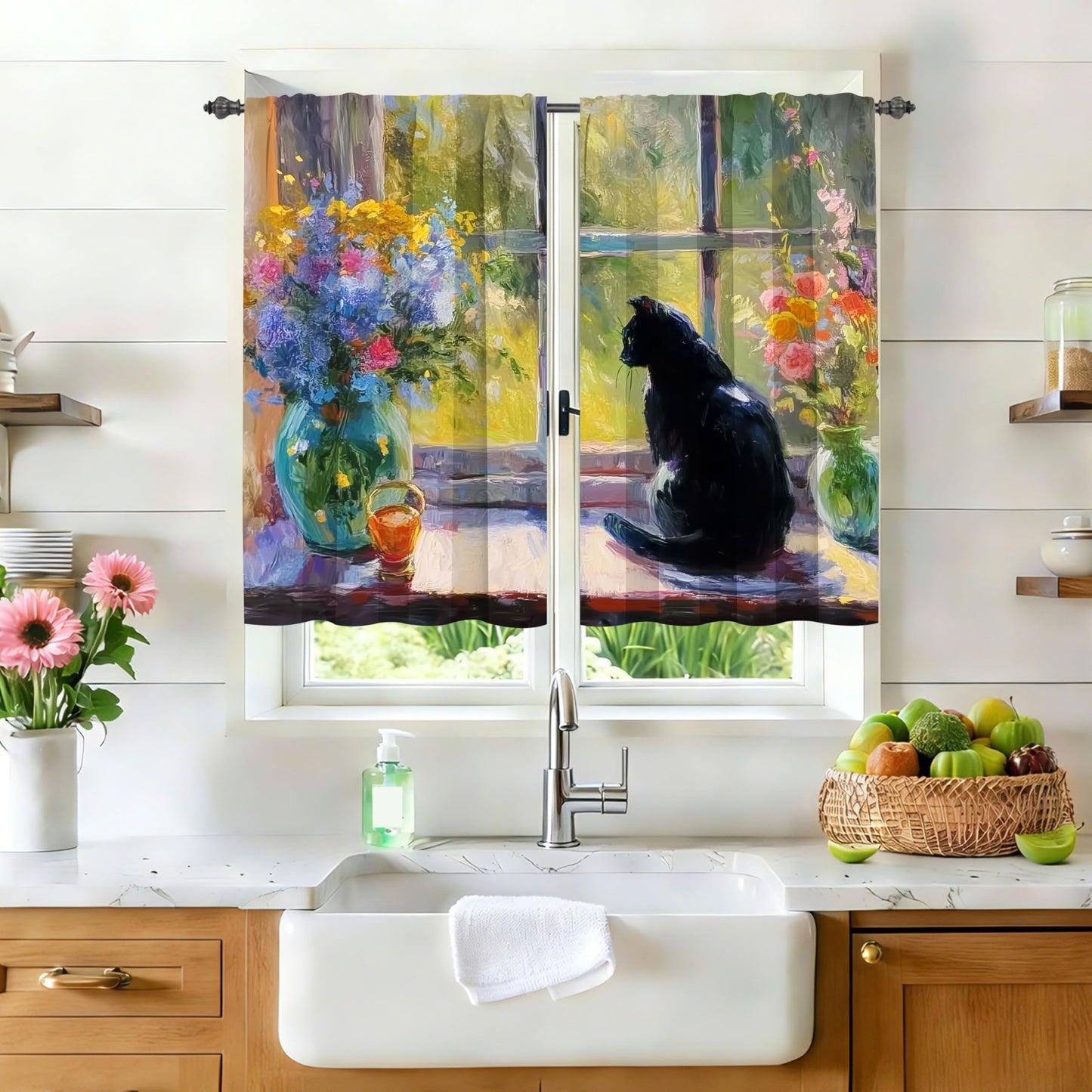 Ecixzyo Cat Flower Kitchen Curtains Short Rod Pocket Drapes Tiers Window Curtains for Basement Bathroom 2 Panels 28x36in