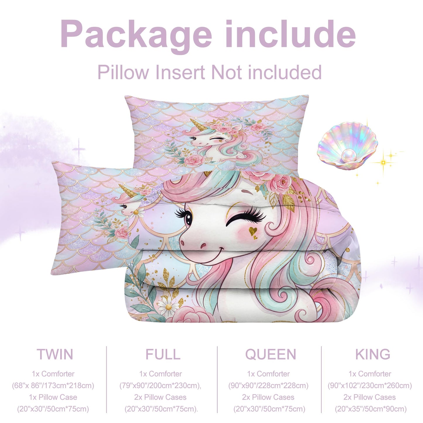 VTKON Unicorn Mermaid Bedding Set Twin Size, Pastel Pink Blue Glitter Scales Comforter Set, Magical Fantasy Bed Set for Kids Girls Room with 1 Comforter + 1 Pillowcase