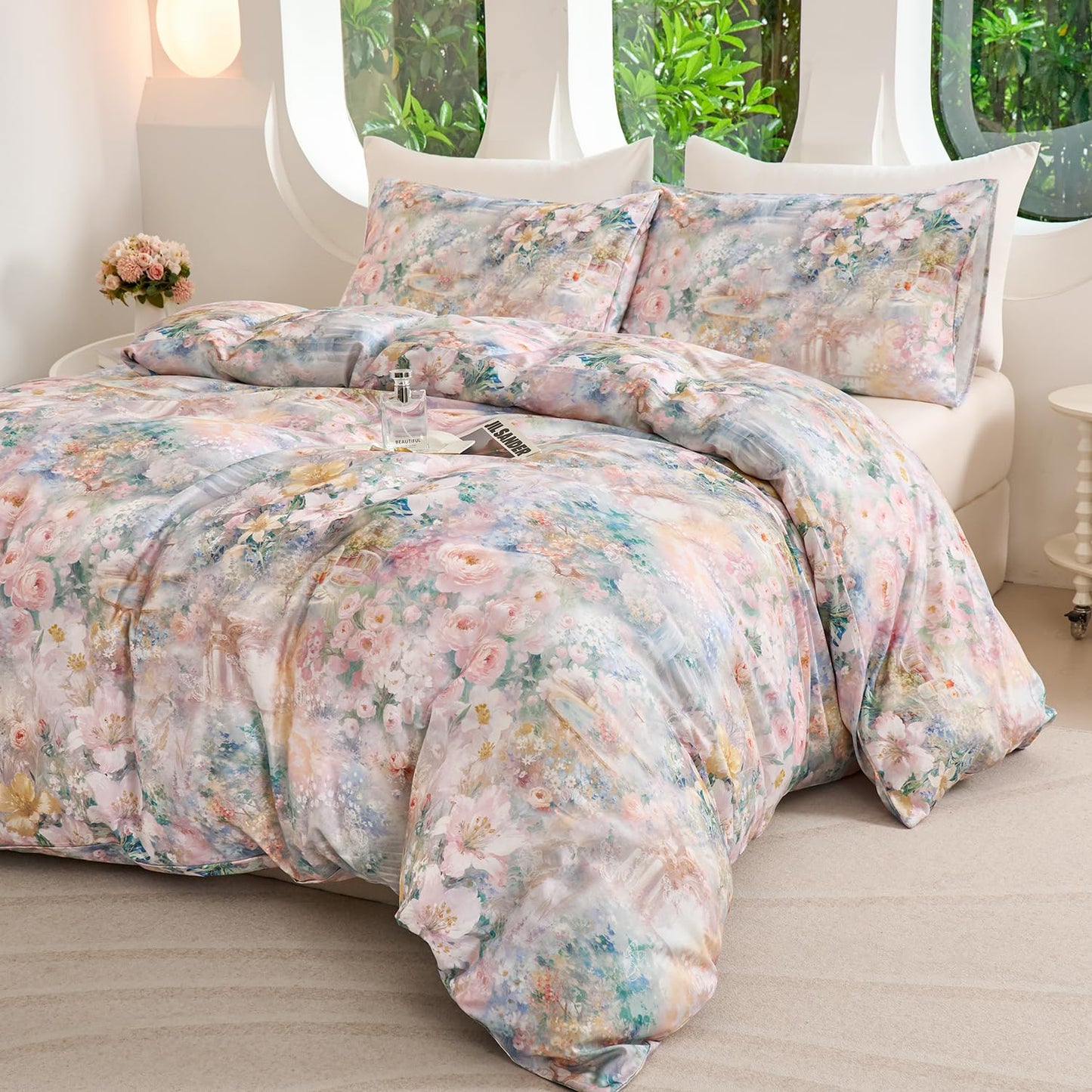 Zusbest Floral Duvet Cover King 100% Cotton, Double Brushed for Extra Soft, Luxury Pink Rose French Country Bedding Shabby-Chic Lily Comforter Cover with Zipper, Soft Breathable, 3Pc-Not Comforter