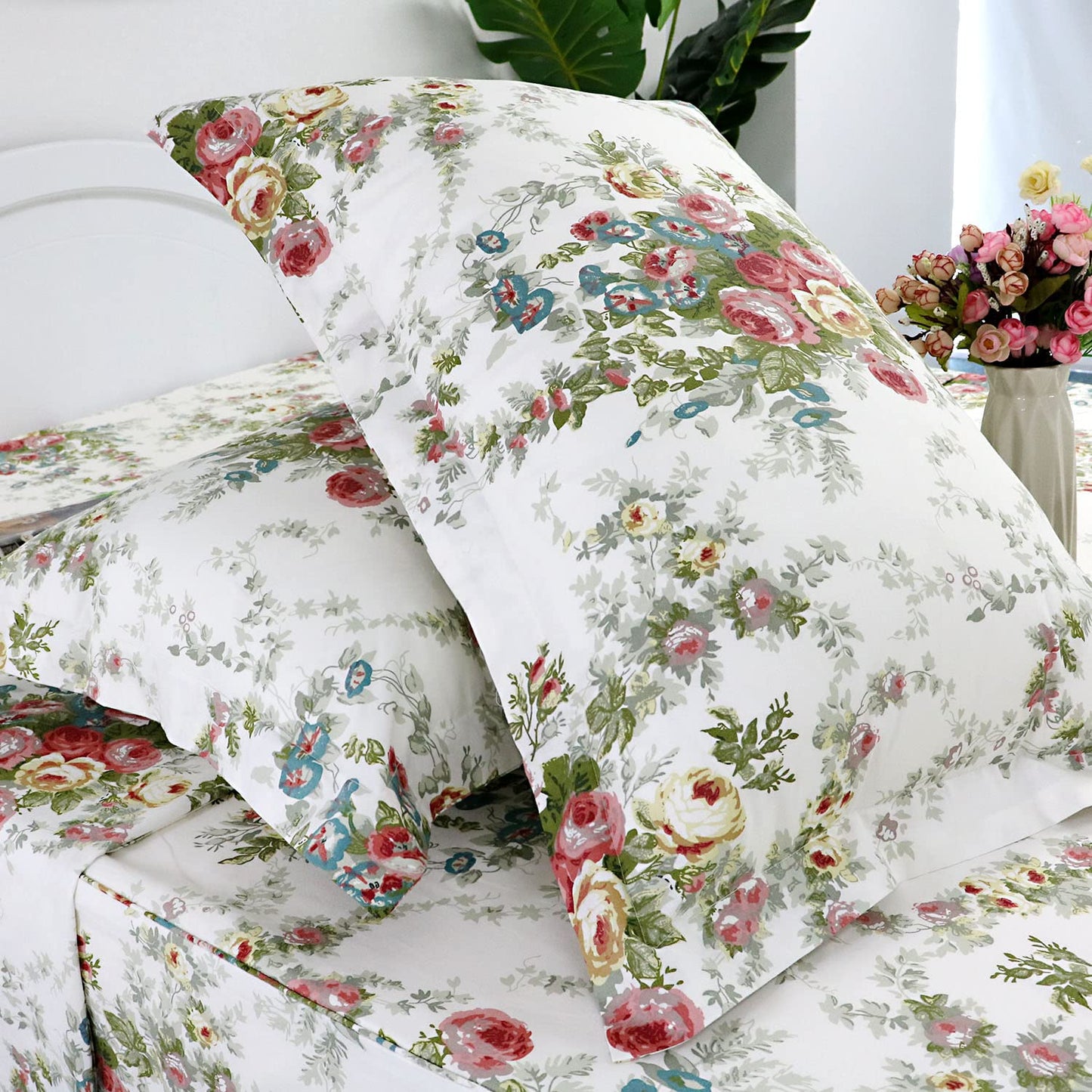 FADFAY Sheet Set Cal King Vintage Rose 100% Cotton Hypoallergenic White and Grey Deep Pocket Fitted Sheet 4-Pieces Cal King
