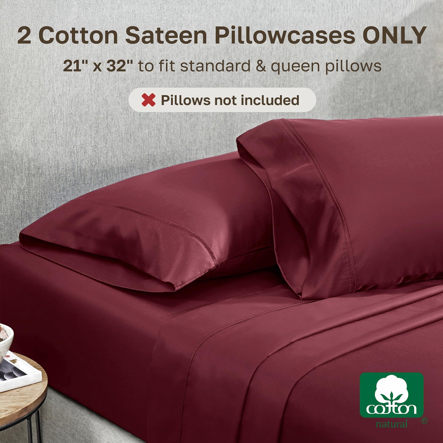 California Design Den Standard Queen Size Pillowcase Set - 400 Thread Count, 100% Cotton Sateen, Set of 2 Pillow Covers, Soft and Breathable - Burgundy Red
