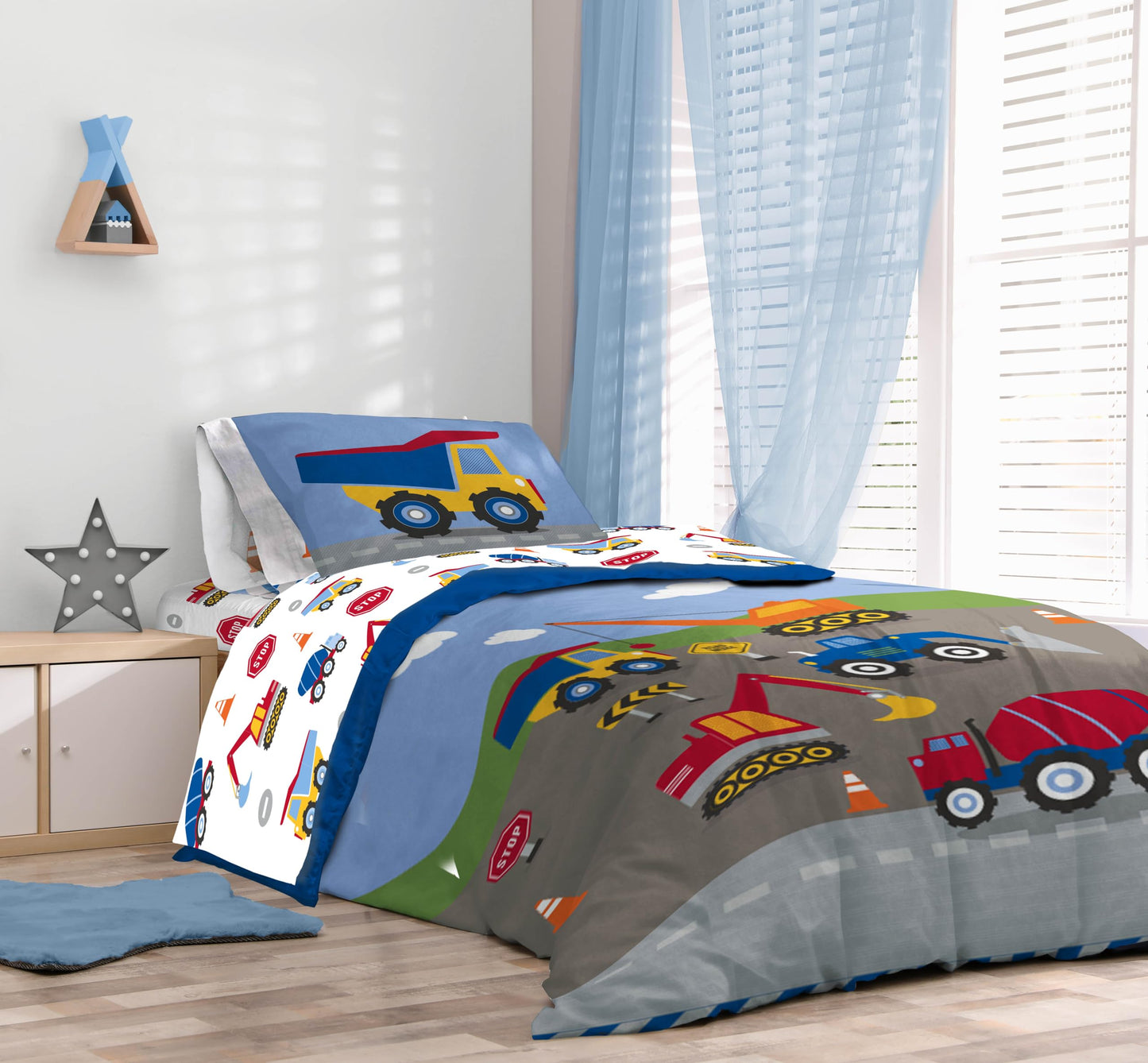 Sunny Side Up Construction Zone Full Comforter Set - 7 Piece Kids Bedding Includes Comforter, Sheets & Pillow Cover - Super Soft Vehicles Microfiber Bed Set