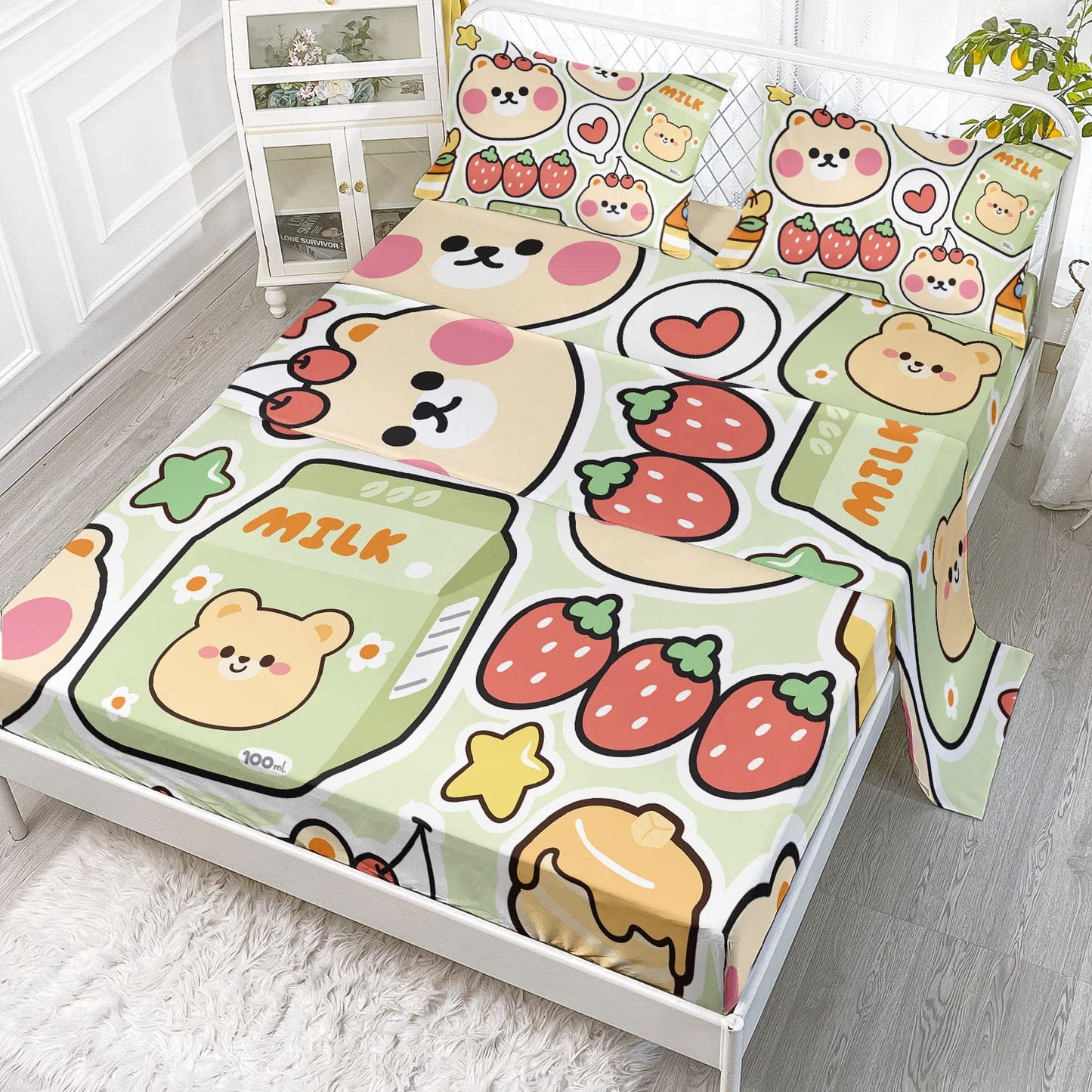 Datura home Kawaii Sheet Set 4Pcs Fitted and Flat Girls Strawberry Bear Printed with 1 + 2 Pillowcases(Kawaii Full), Full 81x97 inches