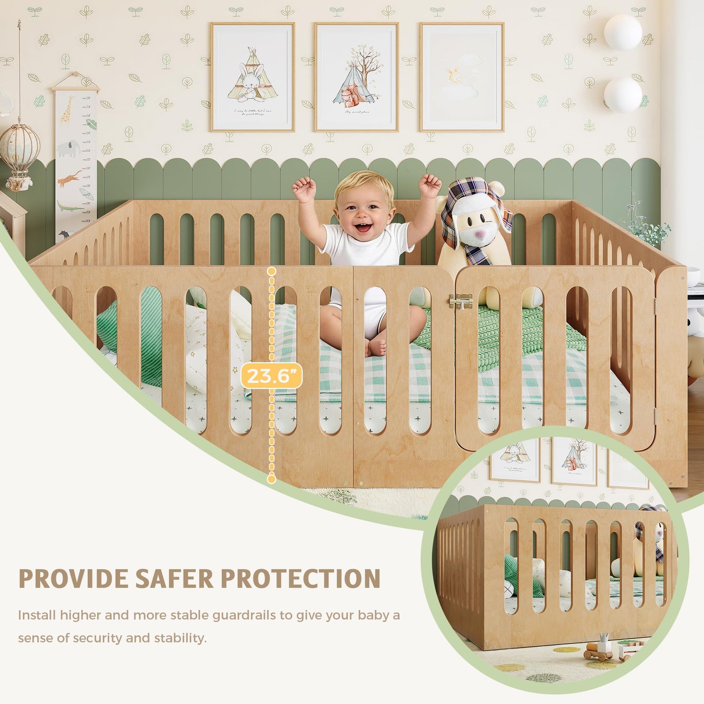 KEIKI Full Size Wood Montessori Floor Bed Frame with Door, for Girls and Boys, Modern Style Low-Profile Design Floor Bed with High Fence, Easy Assembly, No Box Spring Required, for Bedroom, Natural