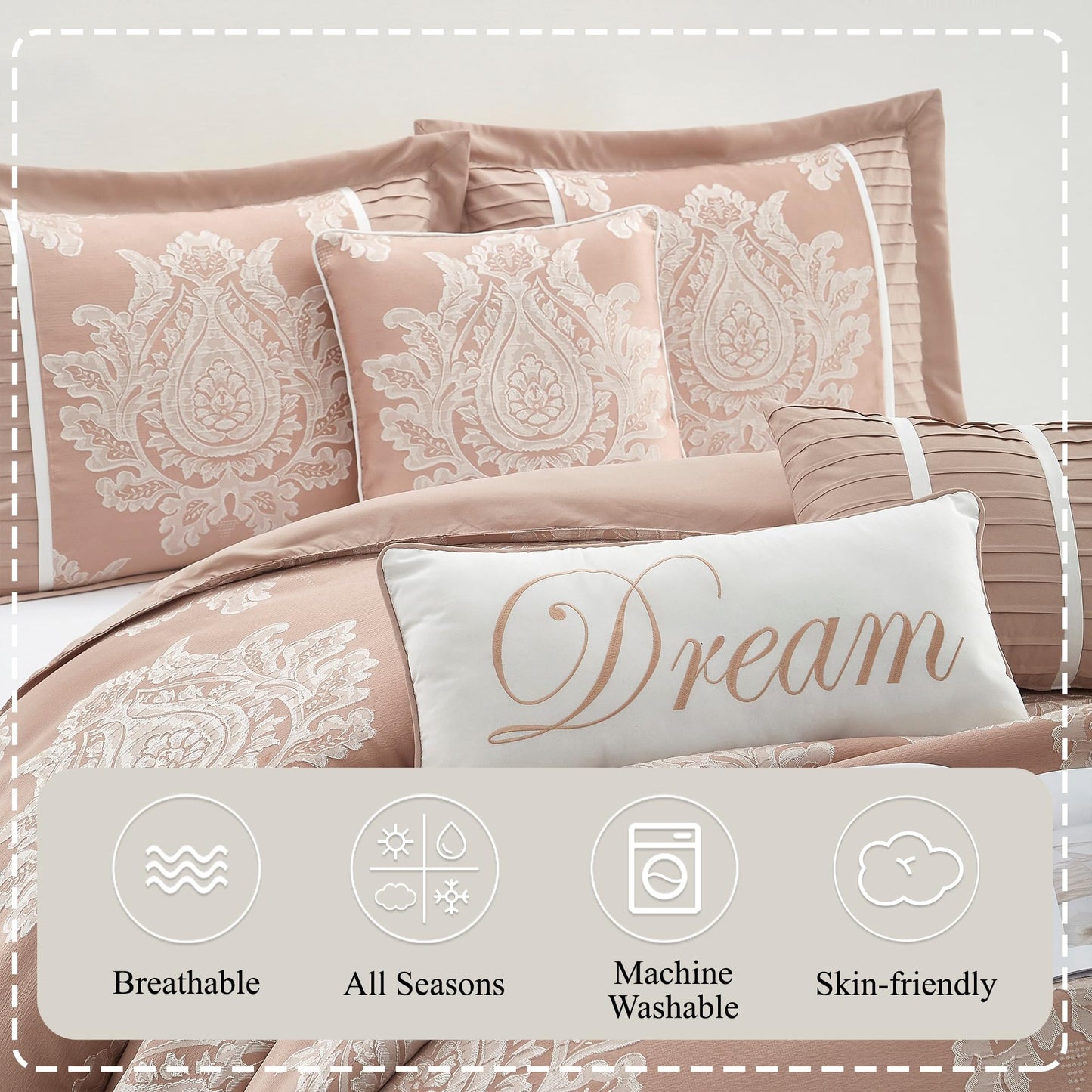 Stratford Park Blush Comforter Set King, 15 Pieces Room in a Bag, Elegant Patchwork Damask Jacquard Bedding Set, Matching Bedskirt, Flat Sheet, Fitted Sheet, Pillow Shams, Curtains