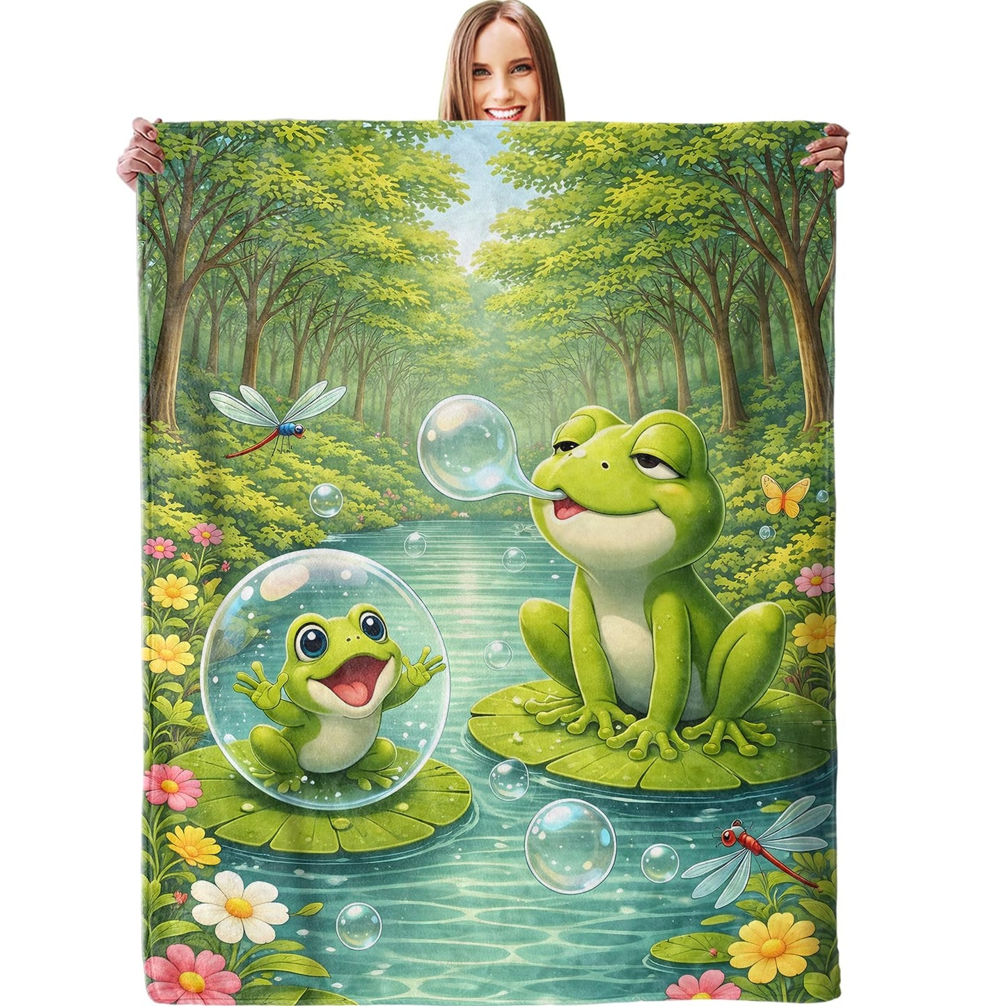dhakalrlde Cute Frog Blanket, Soft Cartoon Frogs Pond Lily Pad Throw Fun Animal Blanket Gifts for Boys Girls Kids, Lightweight Warm Cozy 60×50 inch Flannel for Couch, Travel, Bed, Decor