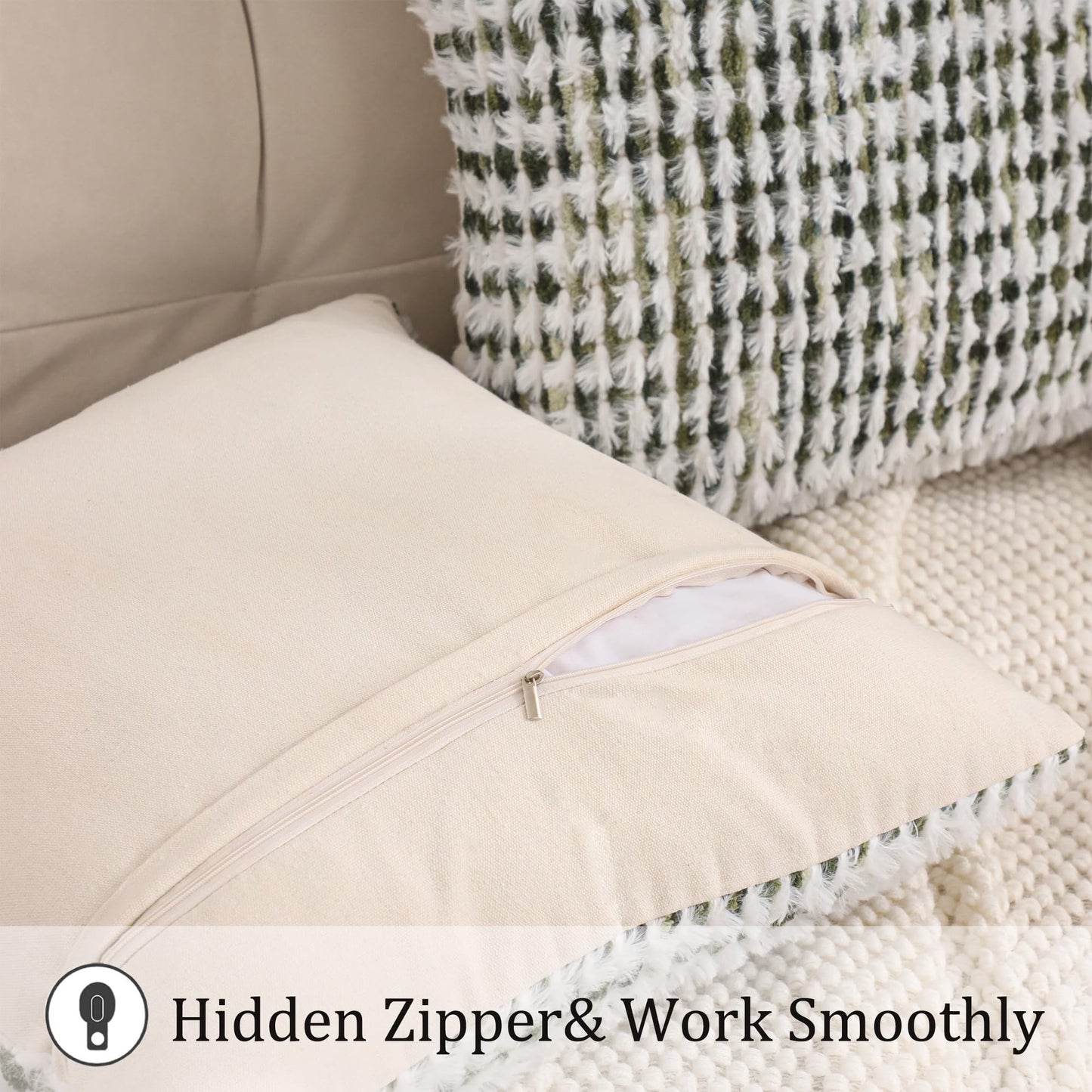LUOYEHK Boho Throw Pillow Covers 22x22 Inch Set of 2 Chenille Tufted Pillowcase Farmhouse Neutral Cushion Covers for Couch Sofa Bed Living Room, Green White